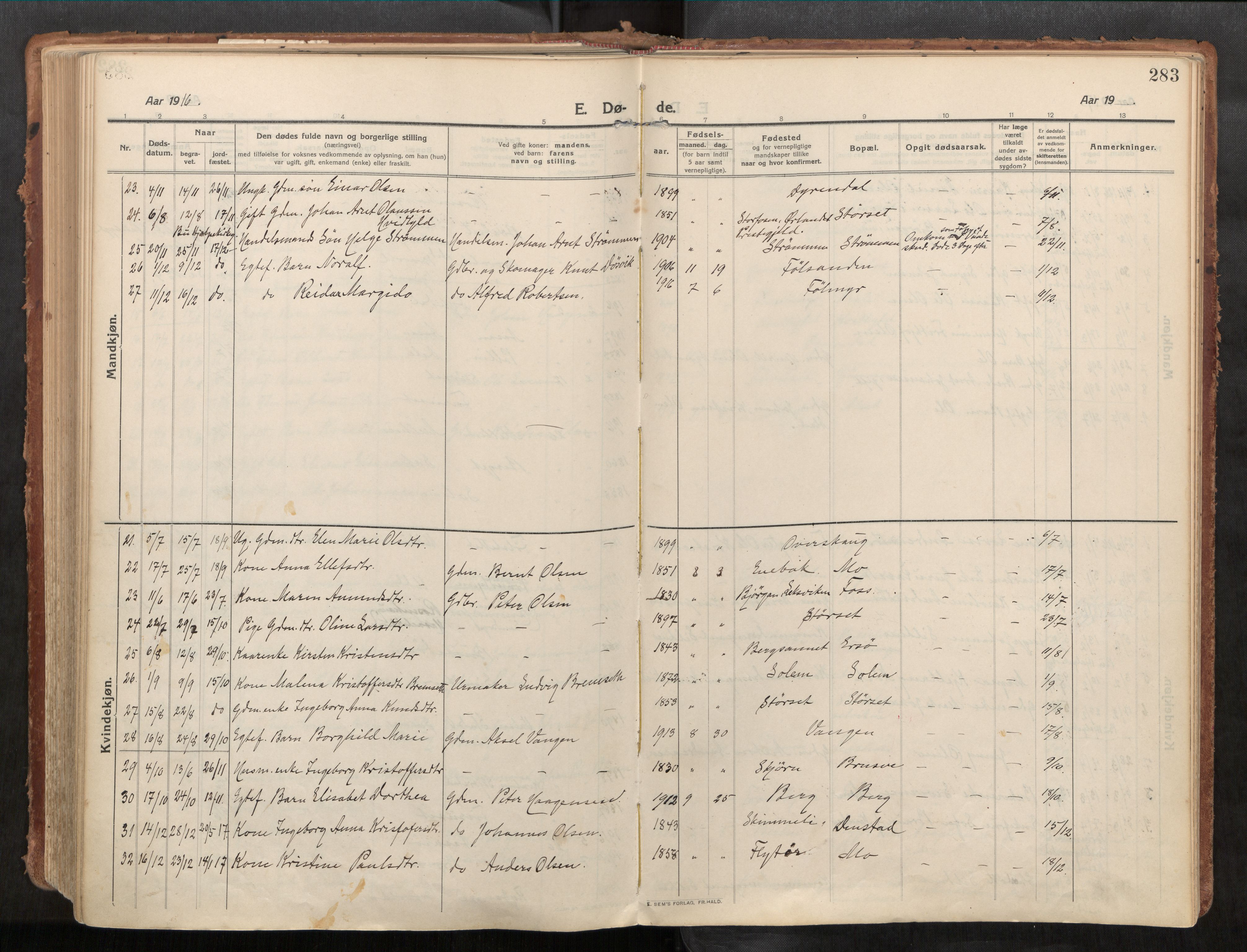 Stadsbygd sokneprestkontor, SAT/A-1117/1/I/I1/I1a/L0001: Parish register (official) no. 1, 1911-1929, p. 283