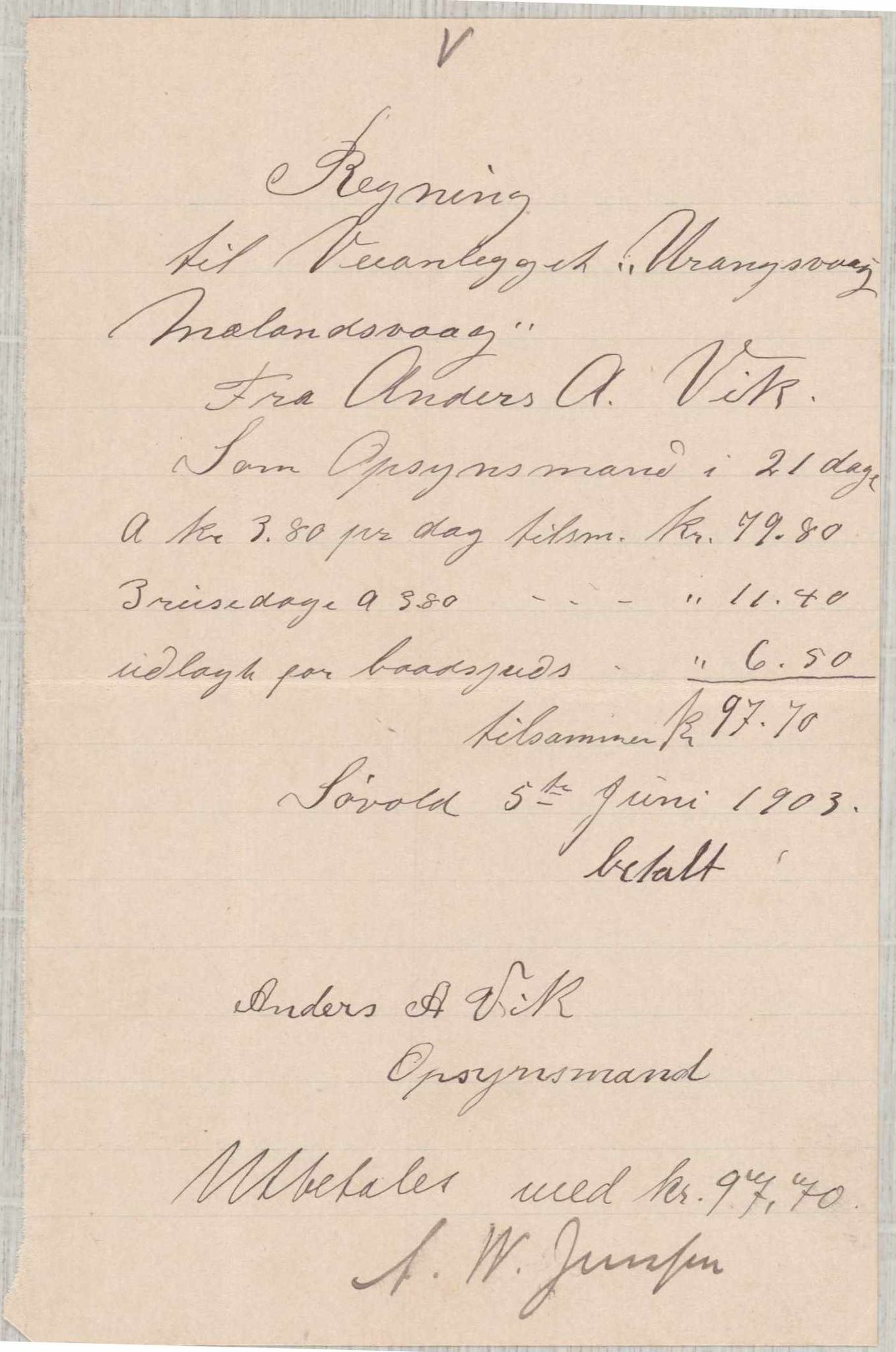 Finnaas kommune. Formannskapet, IKAH/1218a-021/E/Ea/L0002/0002: Rekneskap for veganlegg / Rekneskap for veganlegget Urangsvåg - Mælandsvåg, 1901-1903, p. 138