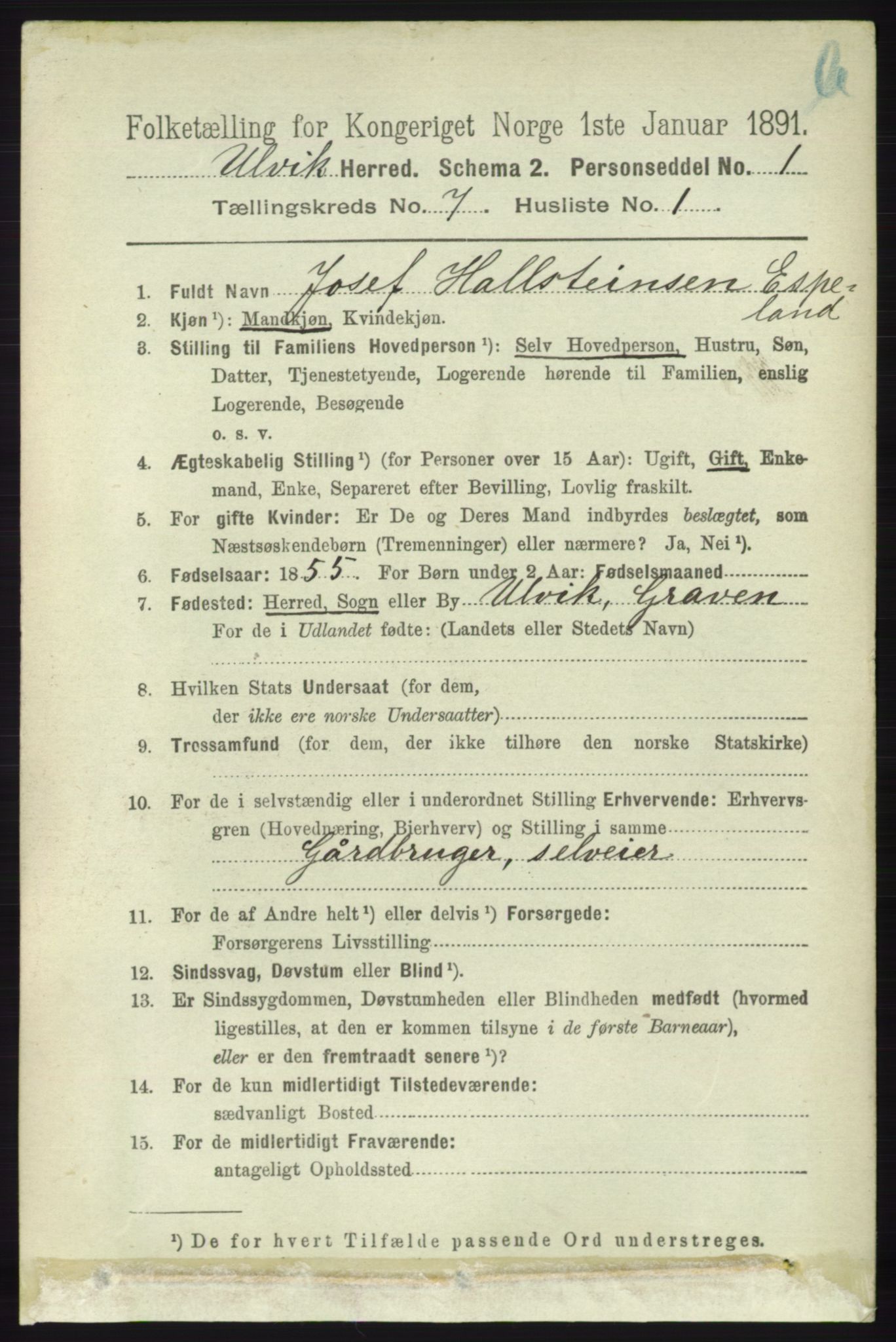 RA, 1891 census for 1233 Ulvik, 1891, p. 2270