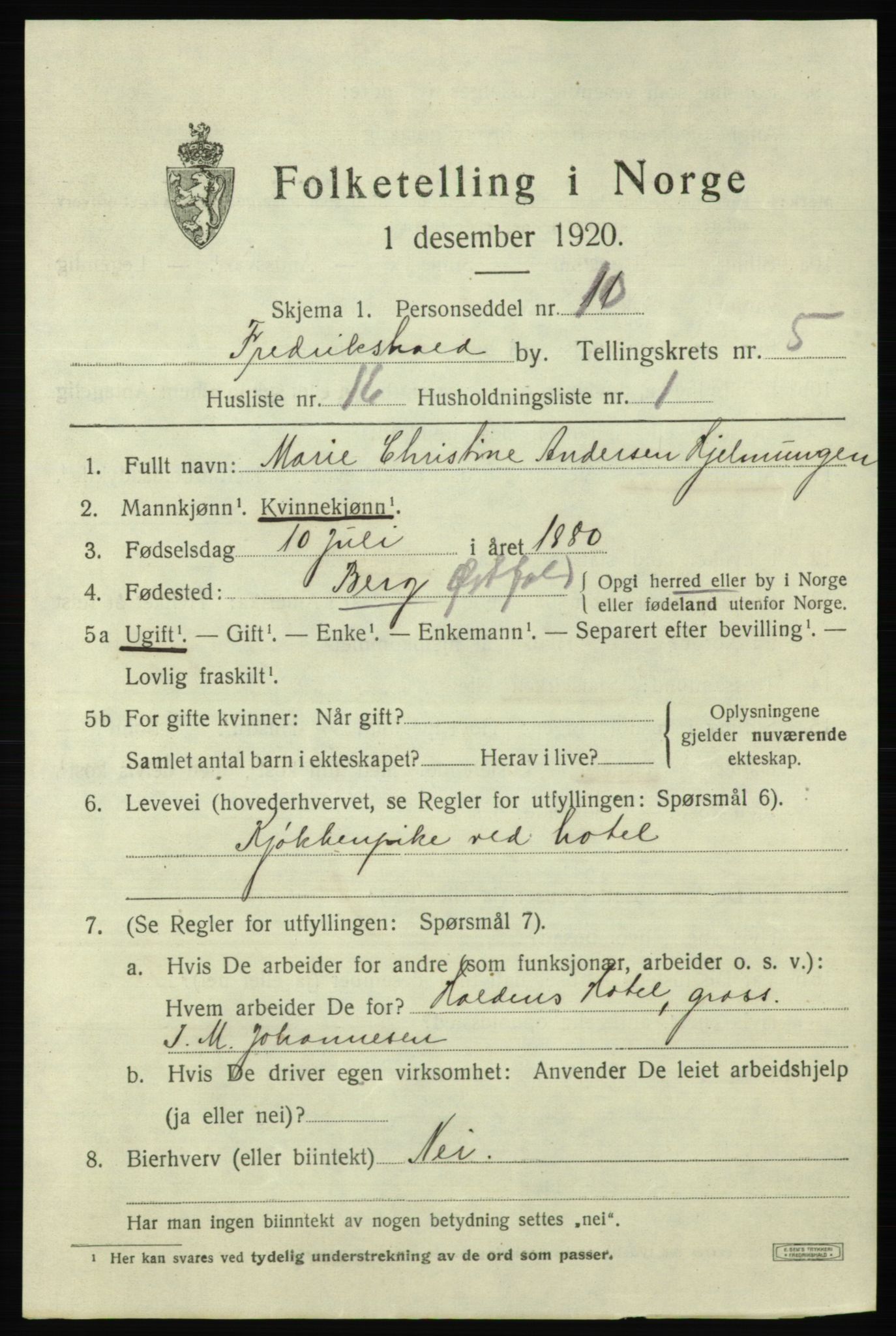 SAO, 1920 census for Fredrikshald, 1920, p. 12339