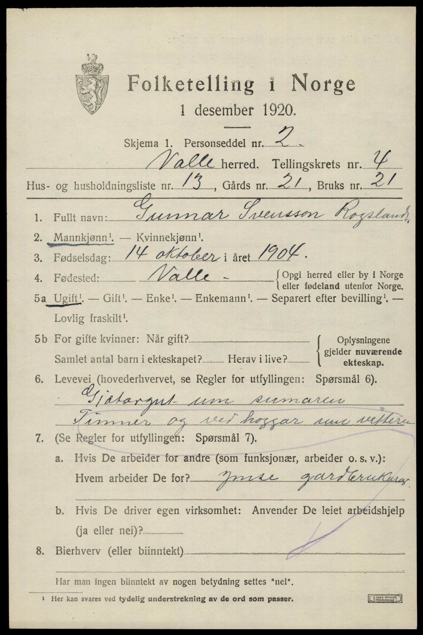 SAK, 1920 census for Valle, 1920, p. 2127