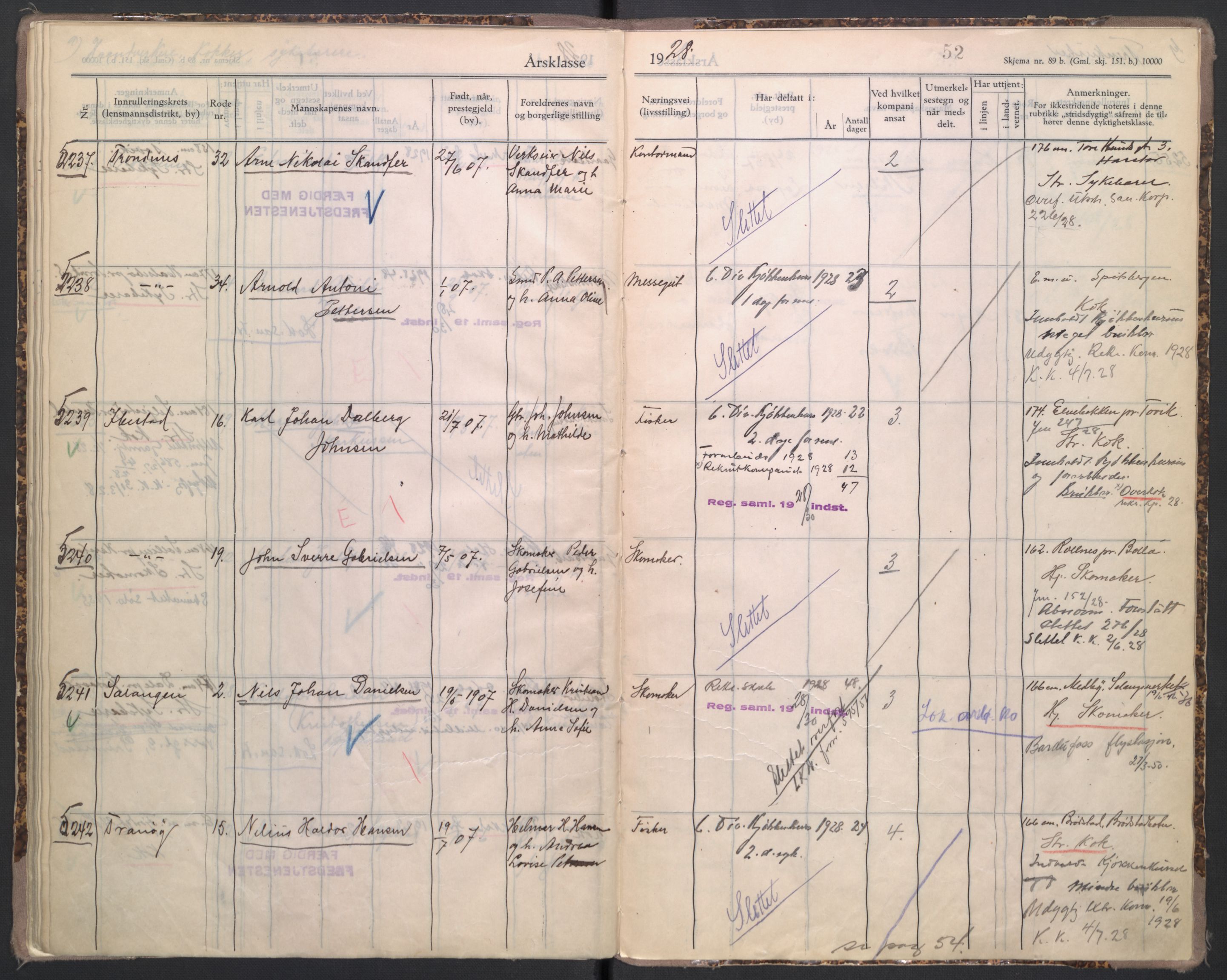 Forsvaret, Troms infanteriregiment nr. 16, AV/RA-RAFA-3146/P/Pa/L0004/0006: Ruller / Rulle for Trondenes bataljons menige mannskaper, årsklasse 1928, 1928, p. 52