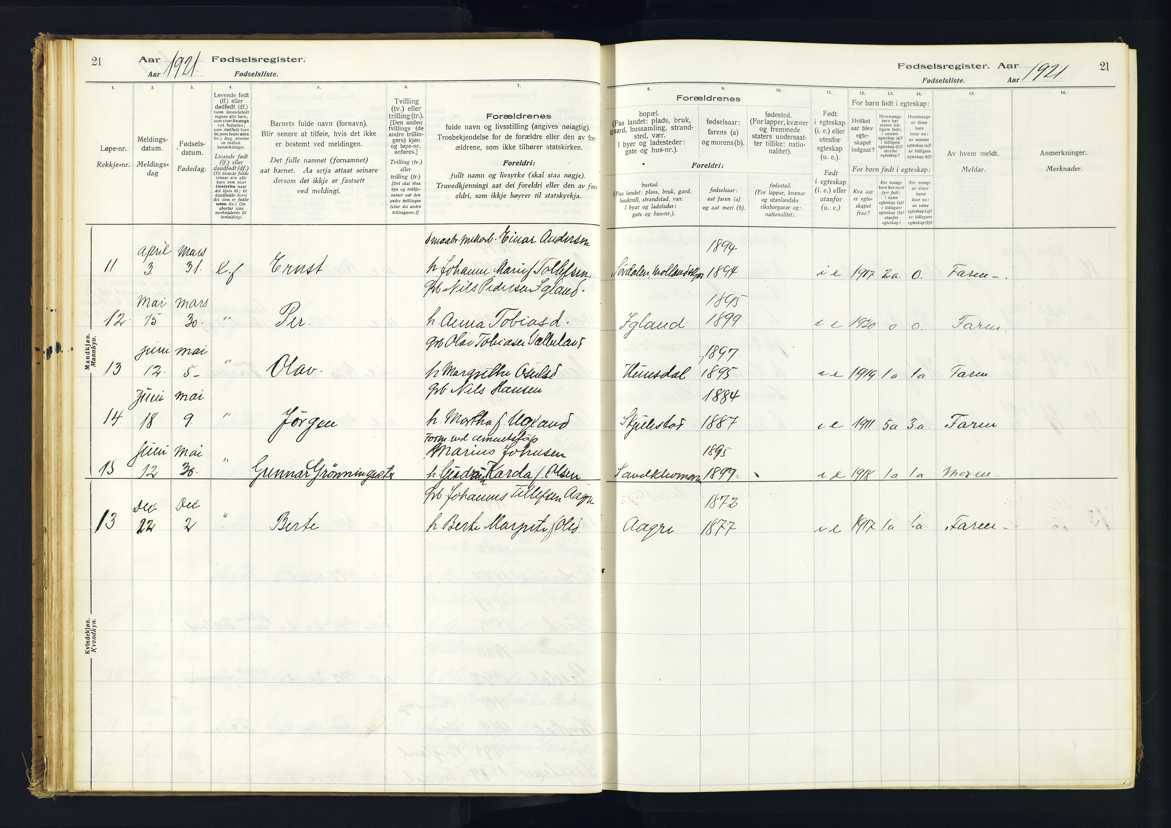 Hommedal sokneprestkontor, AV/SAK-1111-0023/J/Jd/L0001: Birth register no. 1, 1916-1962, p. 21