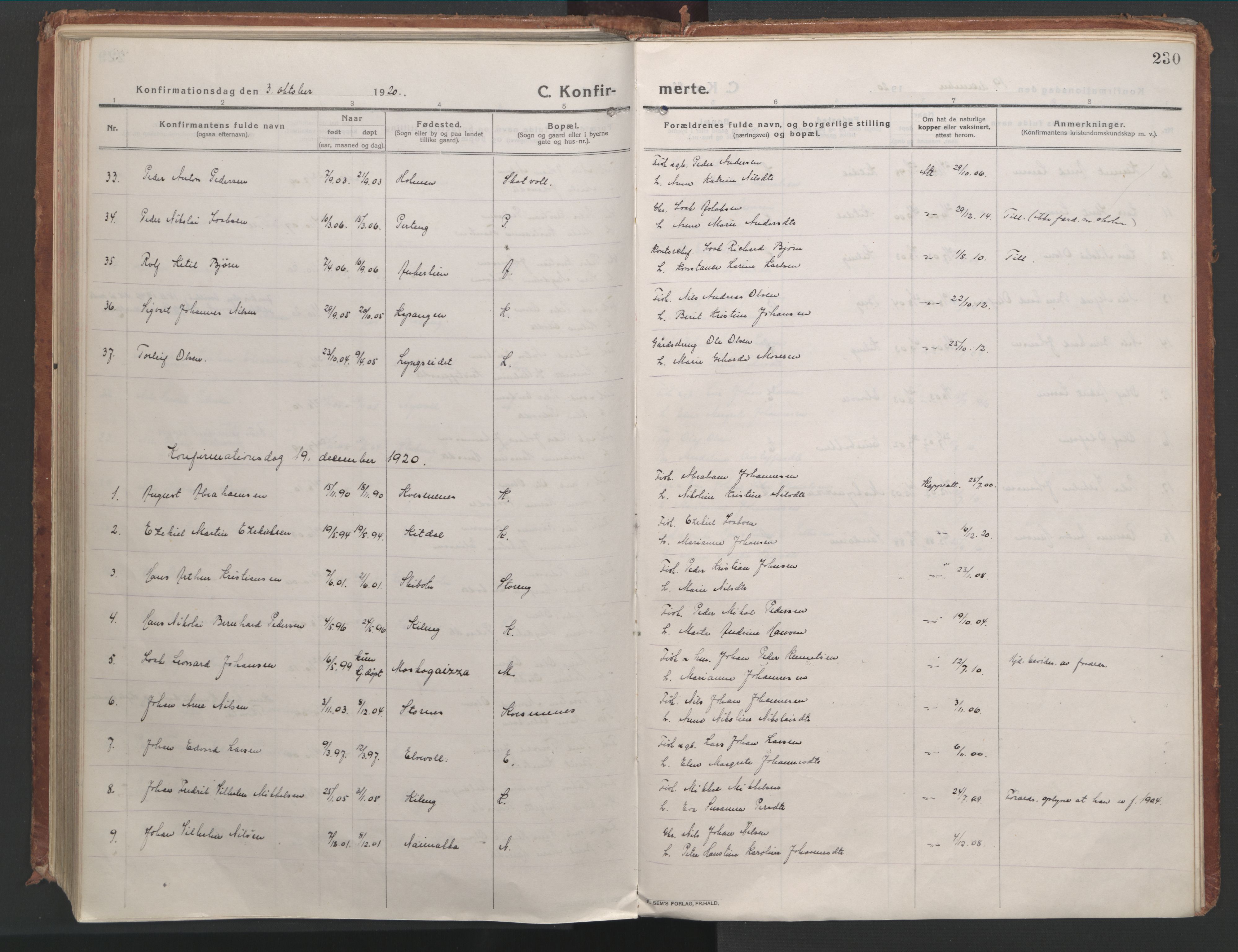 Lyngen sokneprestembete, AV/SATØ-S-1289/H/He/Hea/L0012kirke: Parish register (official) no. 12, 1914-1923, p. 230