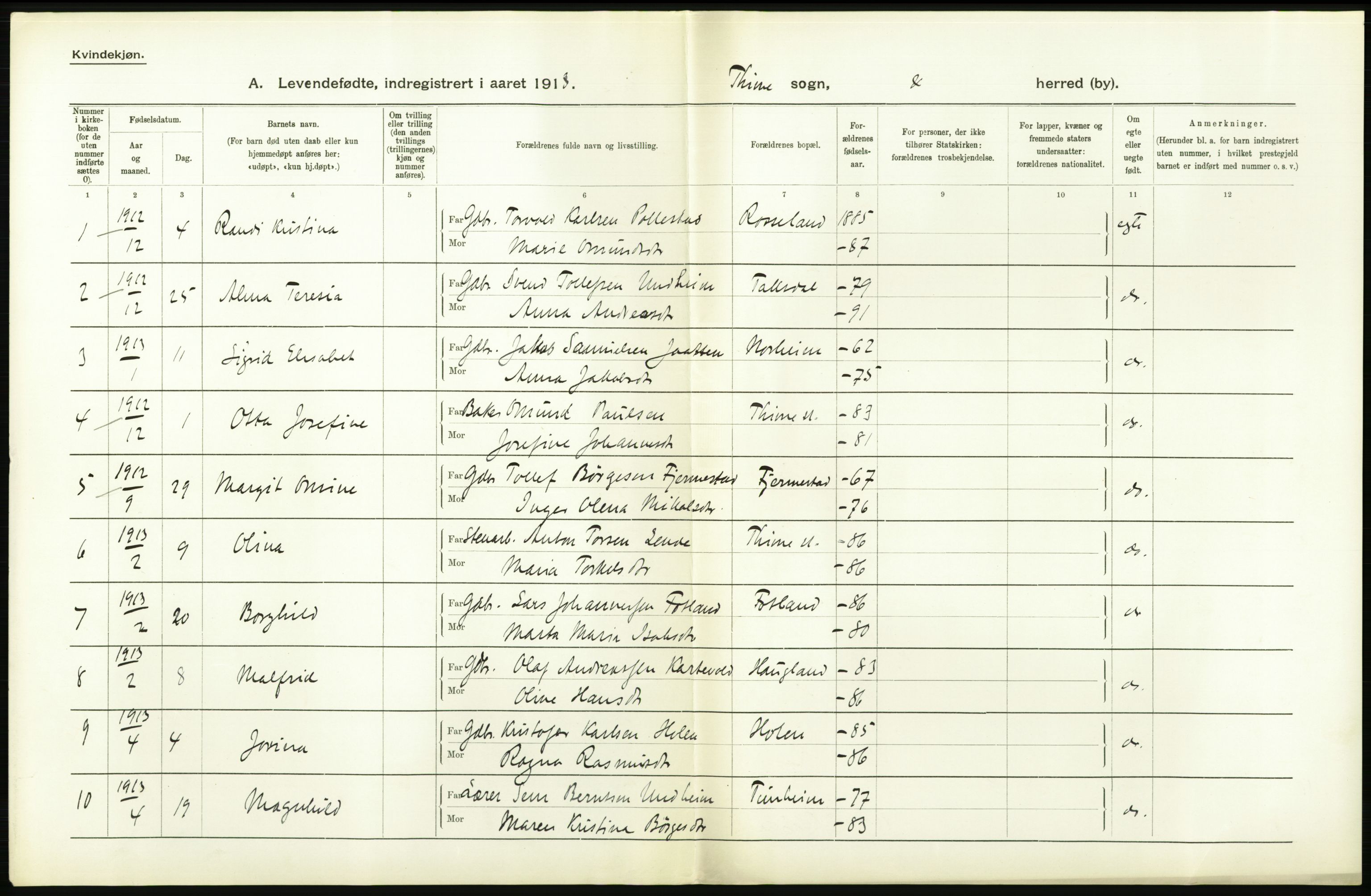 Statistisk sentralbyrå, Sosiodemografiske emner, Befolkning, AV/RA-S-2228/D/Df/Dfb/Dfbc/L0025: Stavanger amt: Levendefødte menn og kvinner. Bygder., 1913, p. 34
