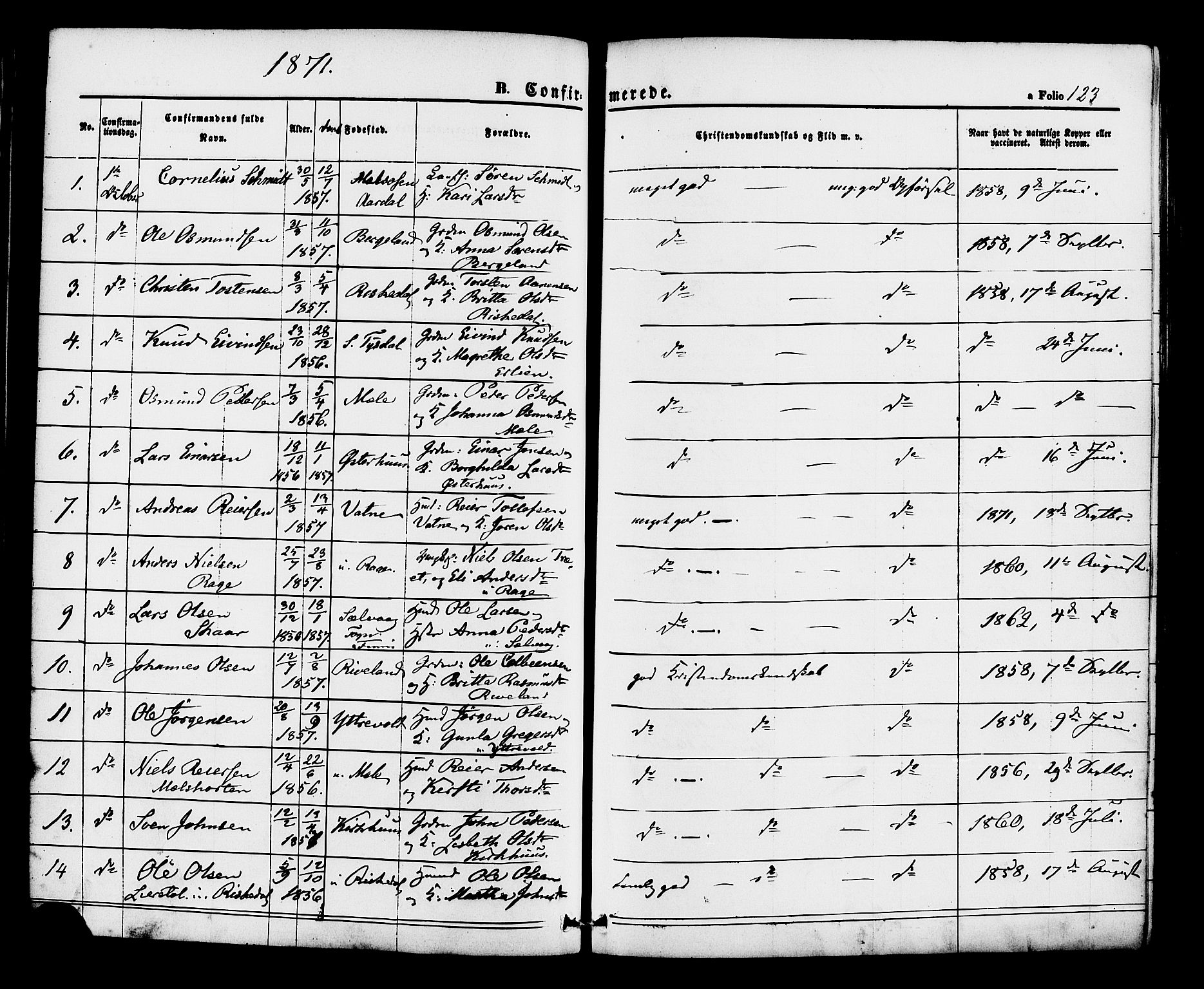 Hjelmeland sokneprestkontor, AV/SAST-A-101843/01/IV/L0012: Parish register (official) no. A 12, 1862-1886, p. 123