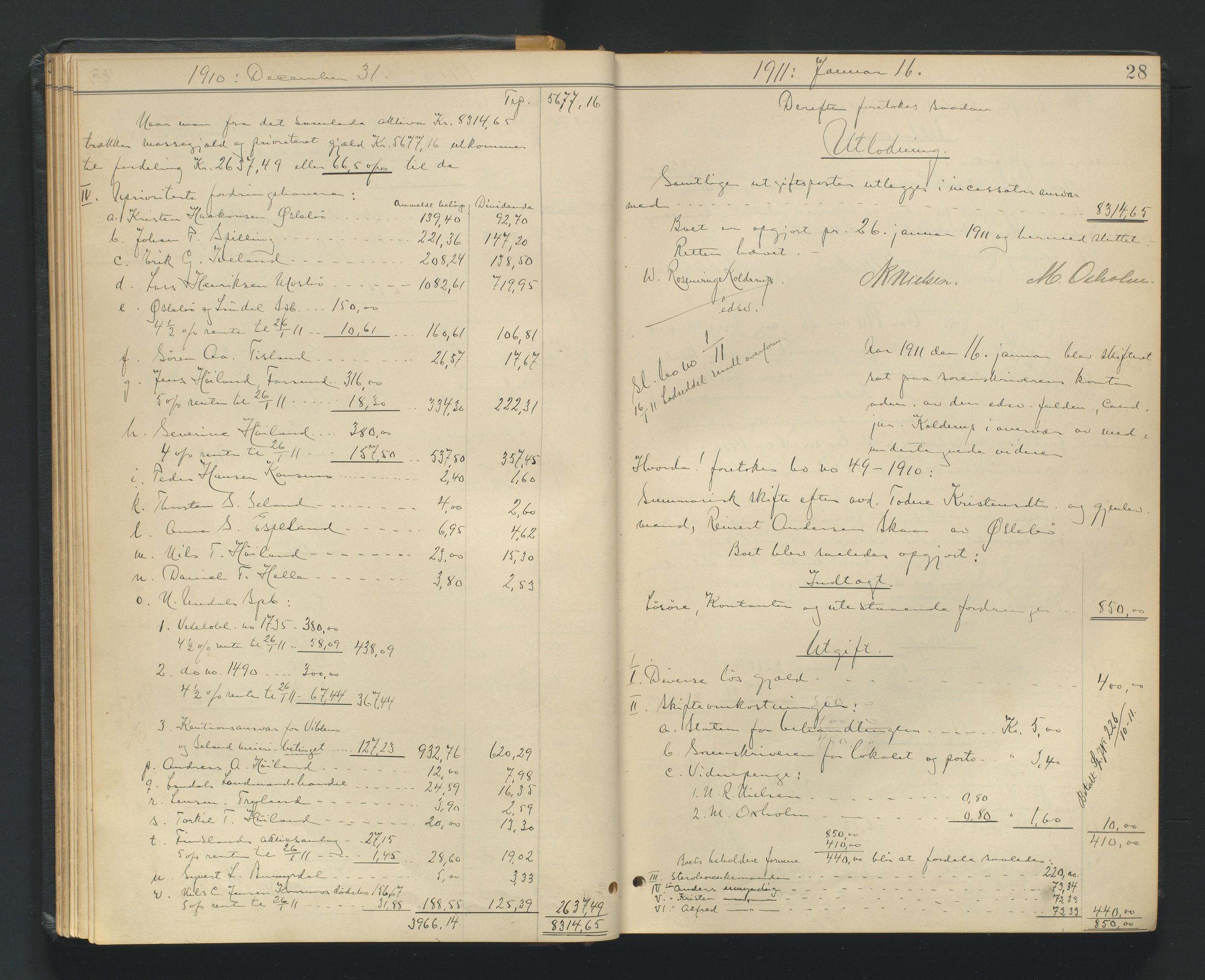 Mandal sorenskriveri, AV/SAK-1221-0005/001/H/Hc/L0098: Skifteutlodningsprotokoll nr 7, 1910-1917, p. 28