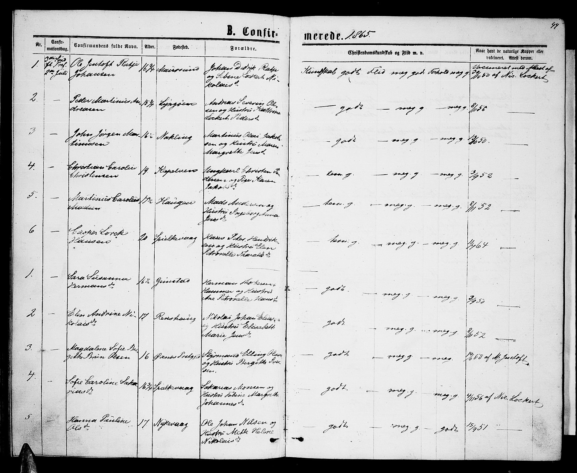 Ministerialprotokoller, klokkerbøker og fødselsregistre - Nordland, AV/SAT-A-1459/892/L1324: Parish register (copy) no. 892C01, 1865-1879, p. 44