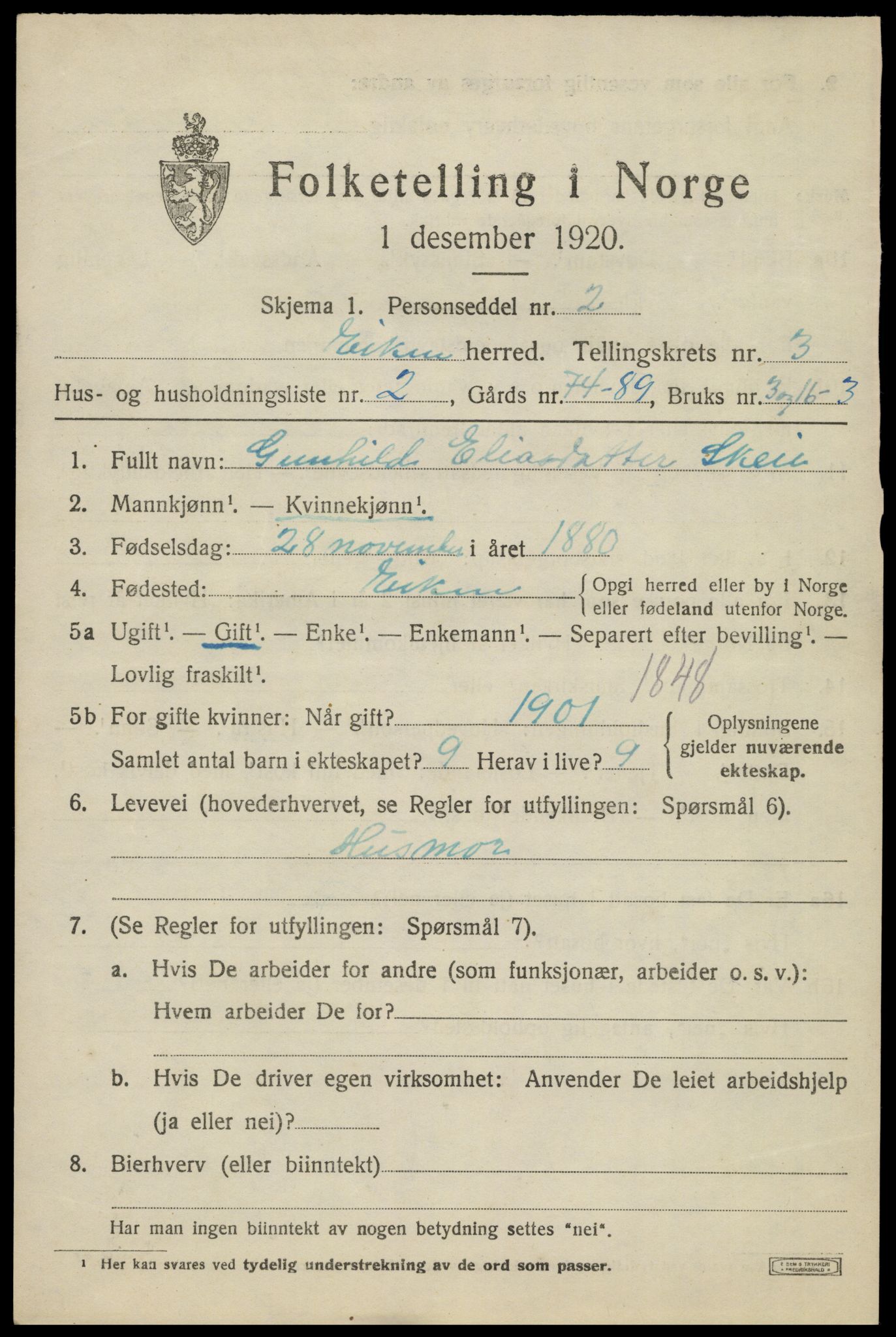 SAK, 1920 census for Eiken, 1920, p. 947