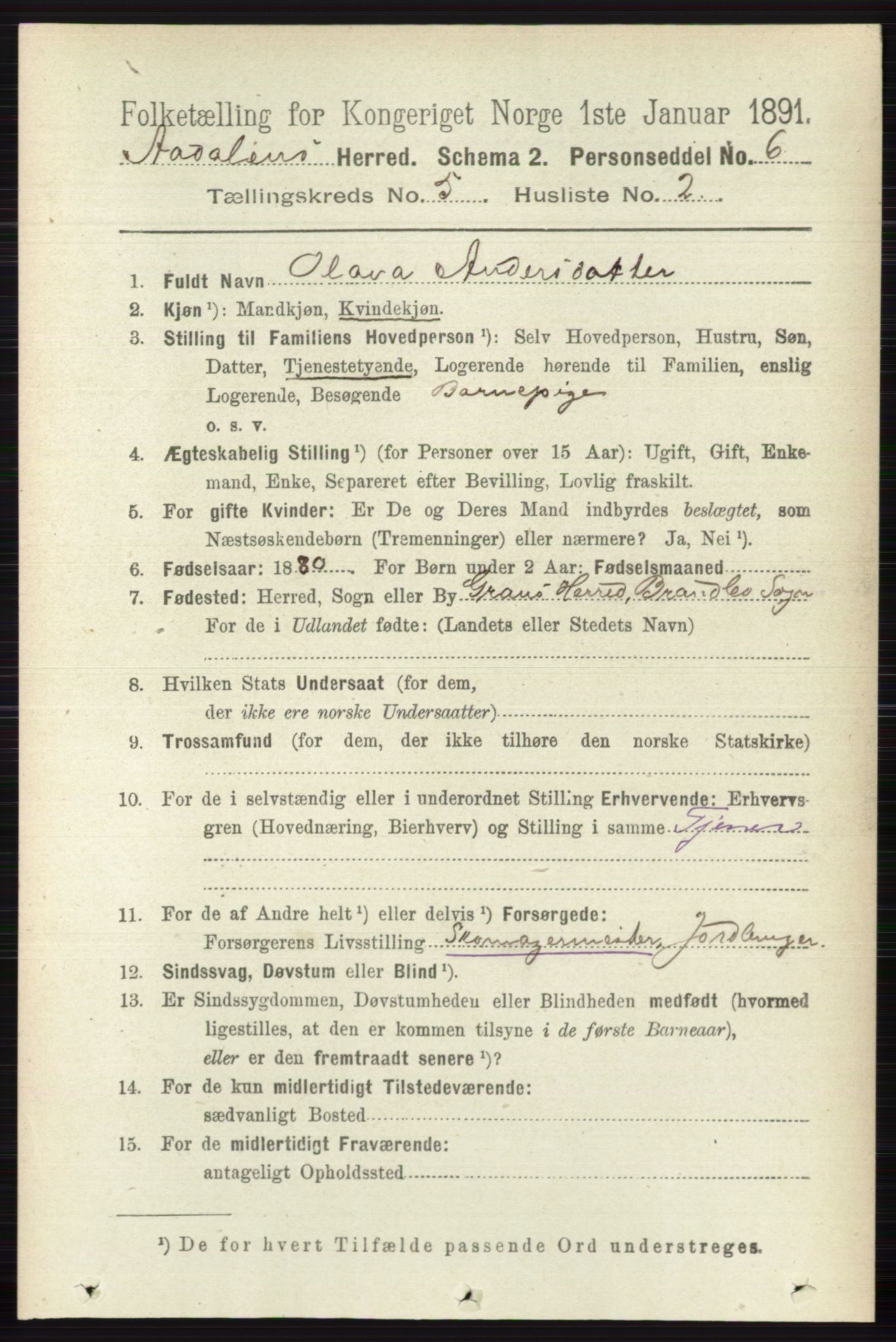 RA, 1891 census for 0614 Ådal, 1891, p. 2024