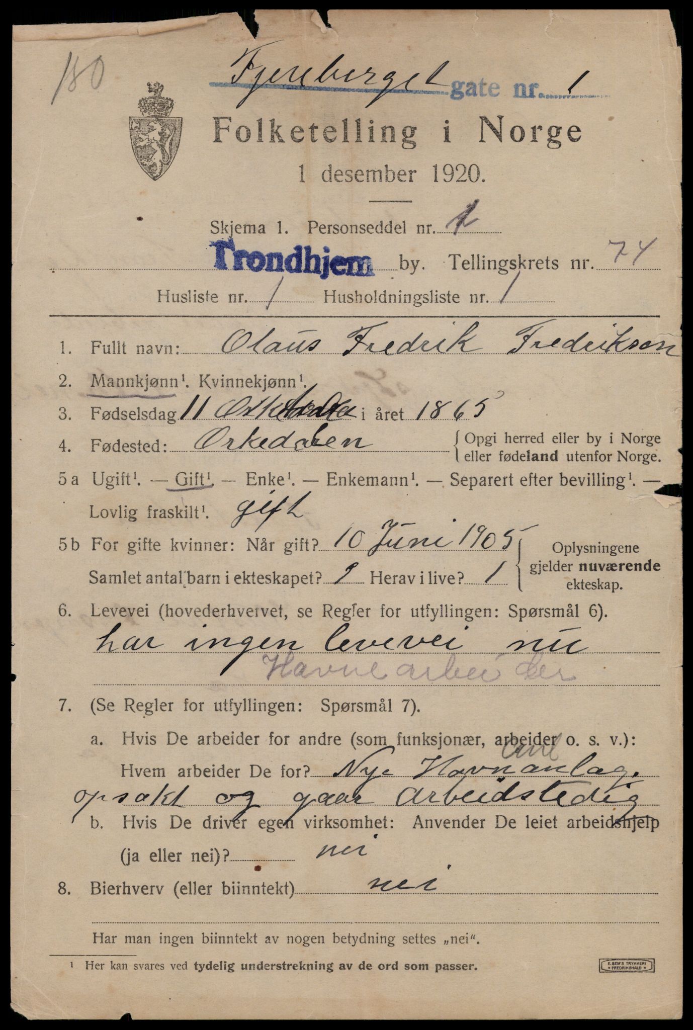 SAT, 1920 census for Trondheim, 1920, p. 143776