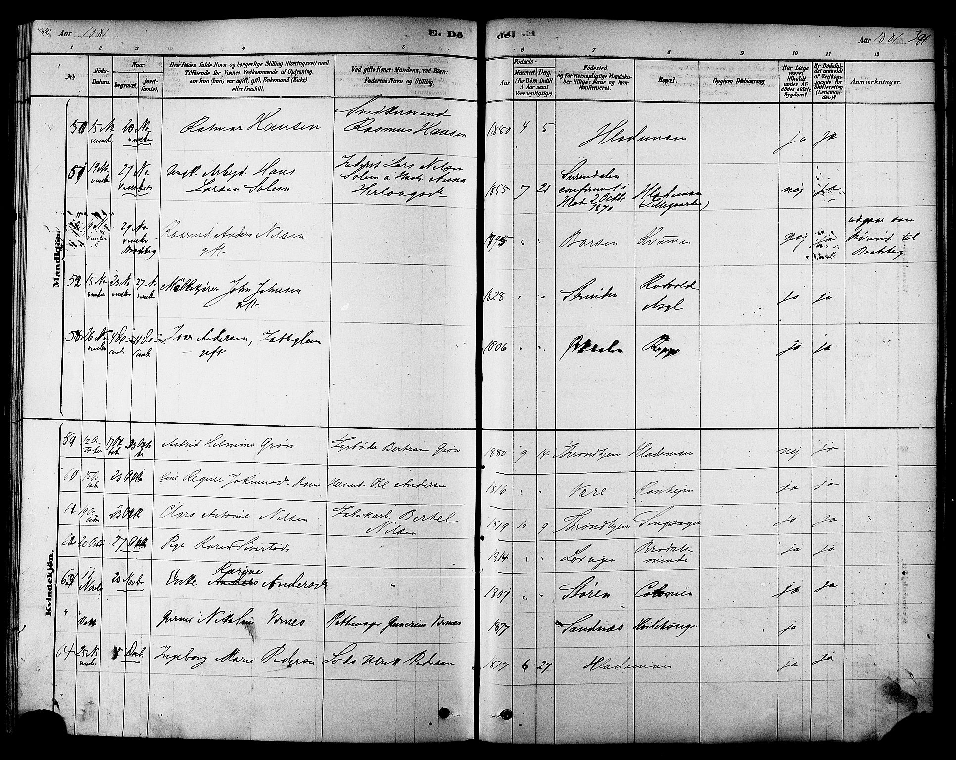 Ministerialprotokoller, klokkerbøker og fødselsregistre - Sør-Trøndelag, SAT/A-1456/606/L0294: Parish register (official) no. 606A09, 1878-1886, p. 391