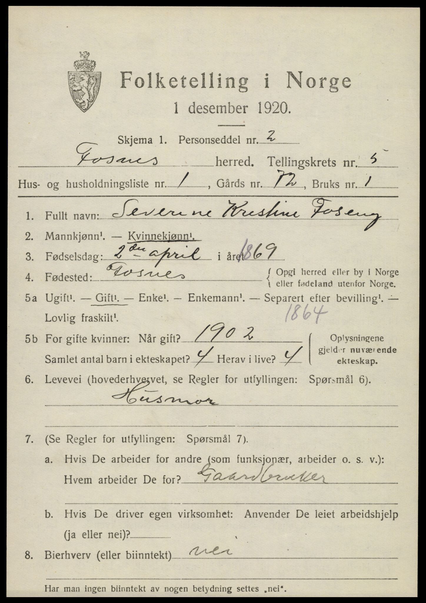 SAT, 1920 census for Fosnes, 1920, p. 2179