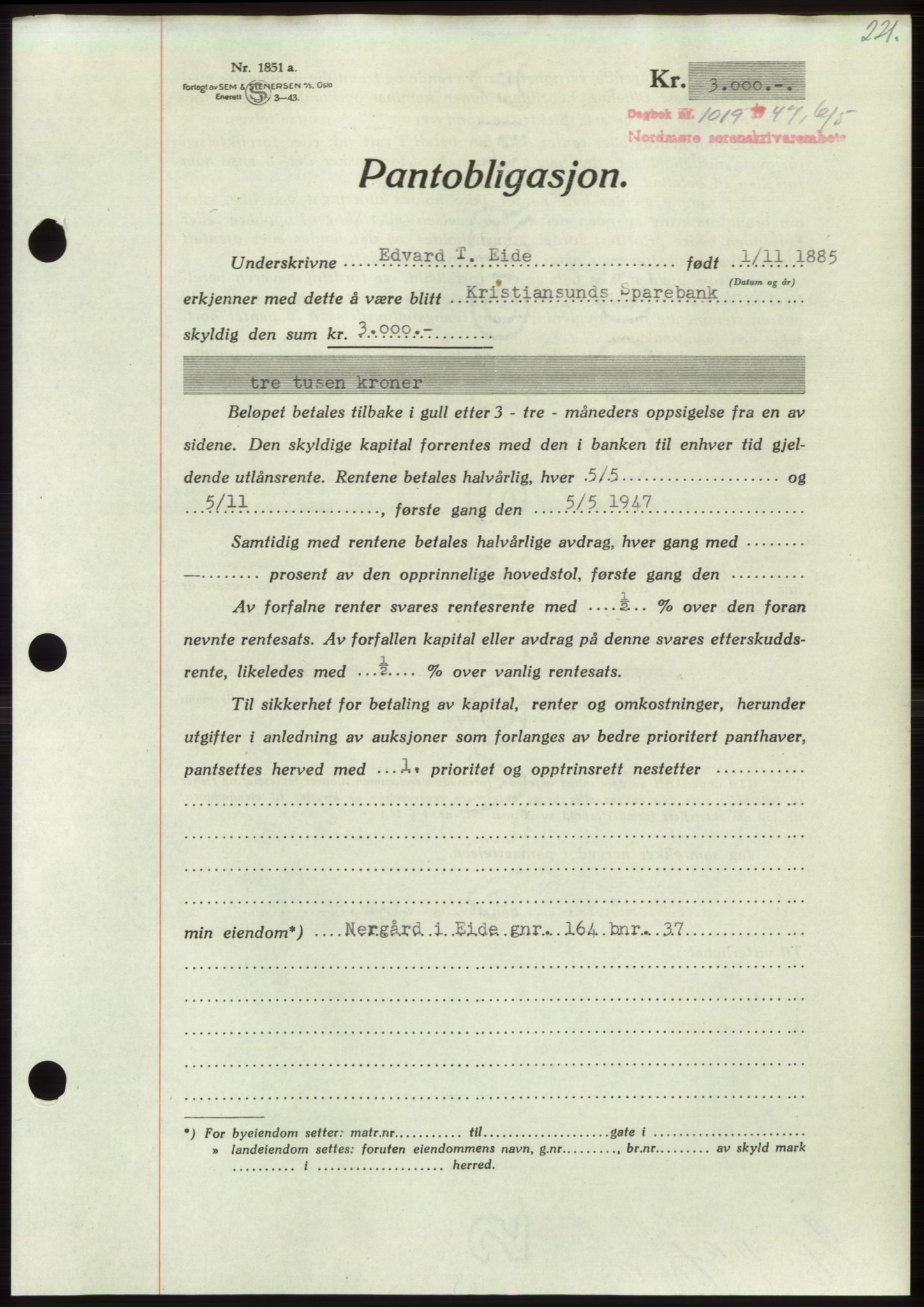 Nordmøre sorenskriveri, AV/SAT-A-4132/1/2/2Ca: Mortgage book no. B96, 1947-1947, Diary no: : 1019/1947