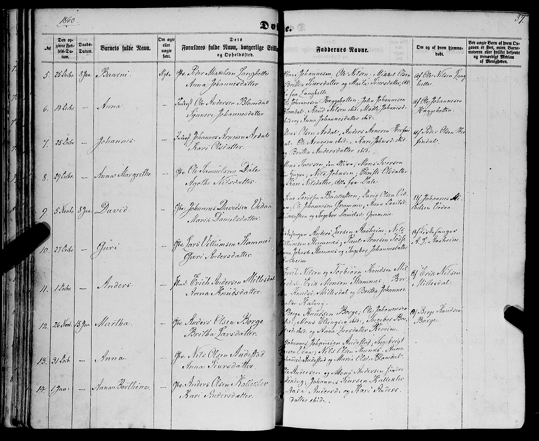 Haus sokneprestembete, AV/SAB-A-75601/H/Haa: Parish register (official) no. A 17, 1858-1870, p. 39