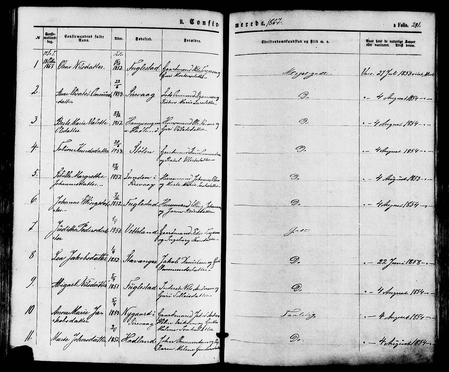 Eigersund sokneprestkontor, AV/SAST-A-101807/S08/L0014: Parish register (official) no. A 13, 1866-1878, p. 291