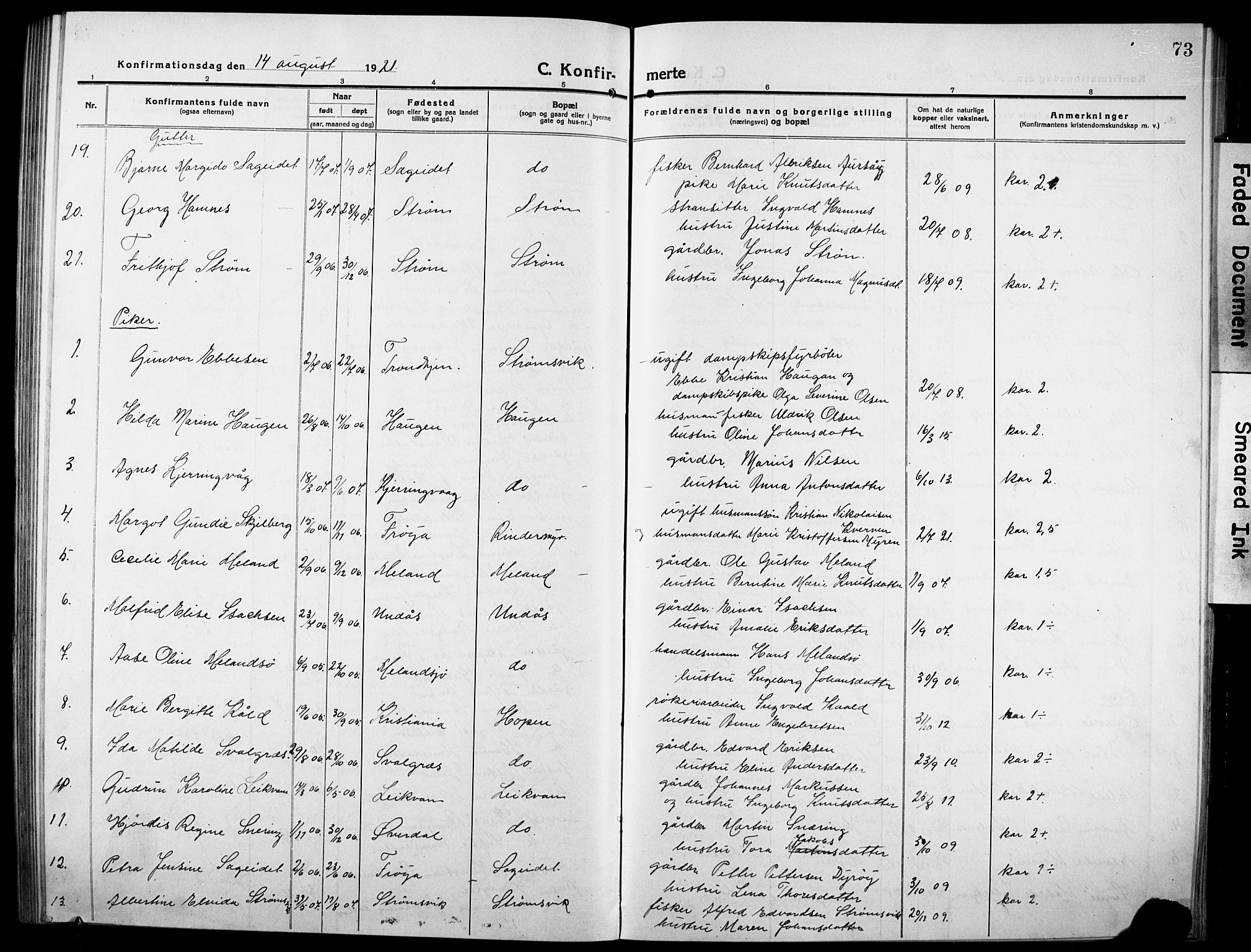 Ministerialprotokoller, klokkerbøker og fødselsregistre - Sør-Trøndelag, SAT/A-1456/634/L0543: Parish register (copy) no. 634C05, 1917-1928, p. 73