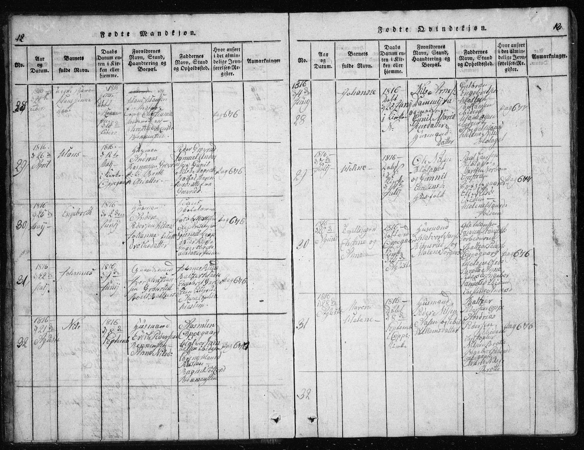 Nesodden prestekontor Kirkebøker, AV/SAO-A-10013/G/Ga/L0001: Parish register (copy) no. I 1, 1814-1847, p. 12-13