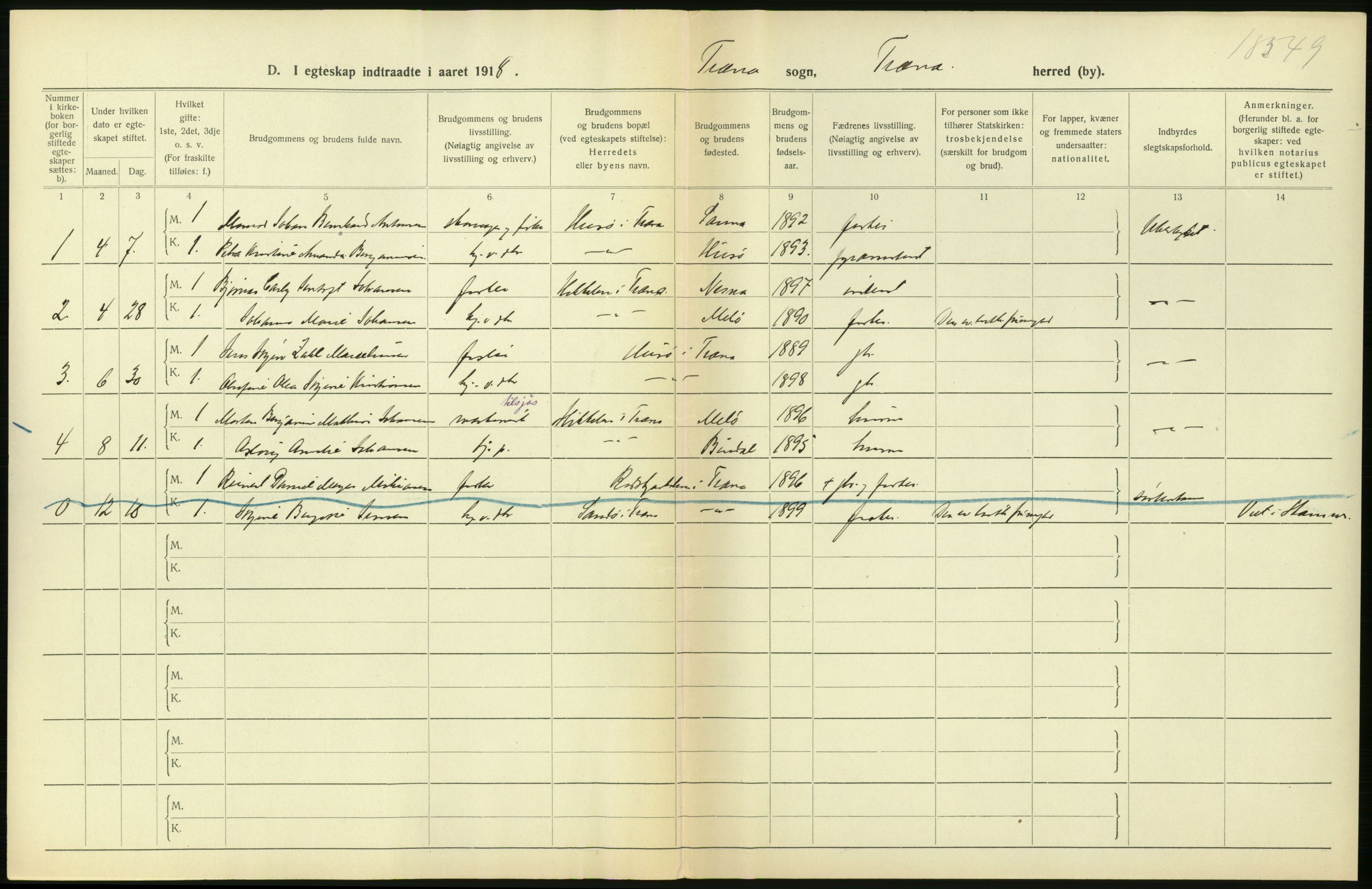 Statistisk sentralbyrå, Sosiodemografiske emner, Befolkning, RA/S-2228/D/Df/Dfb/Dfbh/L0054: Nordland fylke: Gifte, dødfødte. Bygder og byer., 1918, p. 104