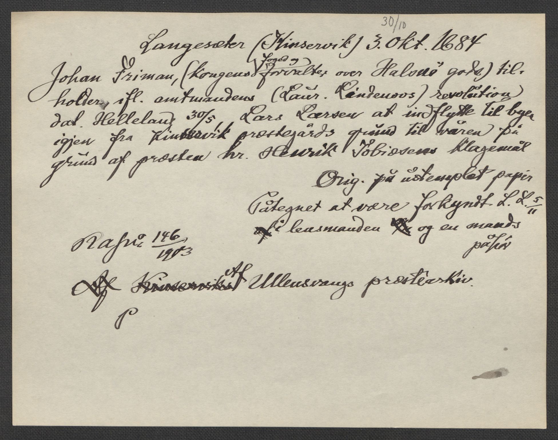 Riksarkivets diplomsamling, RA/EA-5965/F15/L0037: Prestearkiv - Hordaland, 1577-1733, p. 98