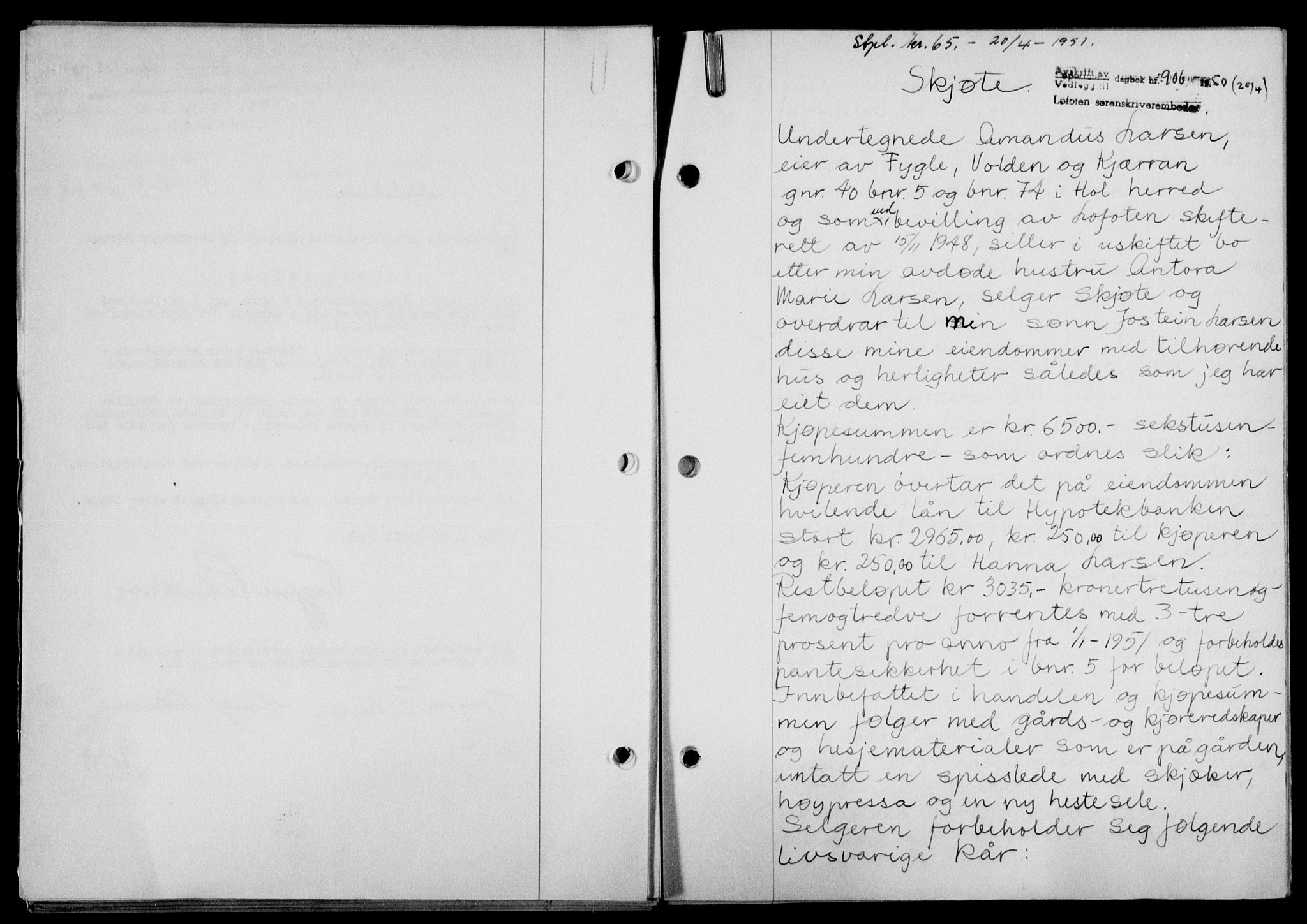 Lofoten sorenskriveri, SAT/A-0017/1/2/2C/L0025a: Mortgage book no. 25a, 1950-1951, Diary no: : 906/1951