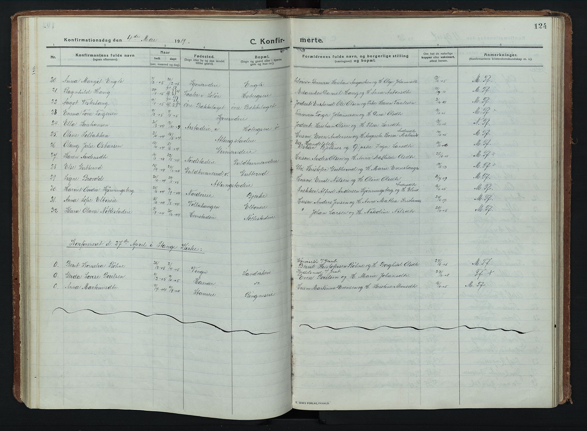 Stange prestekontor, AV/SAH-PREST-002/K/L0028: Parish register (official) no. 28, 1913-1932, p. 124