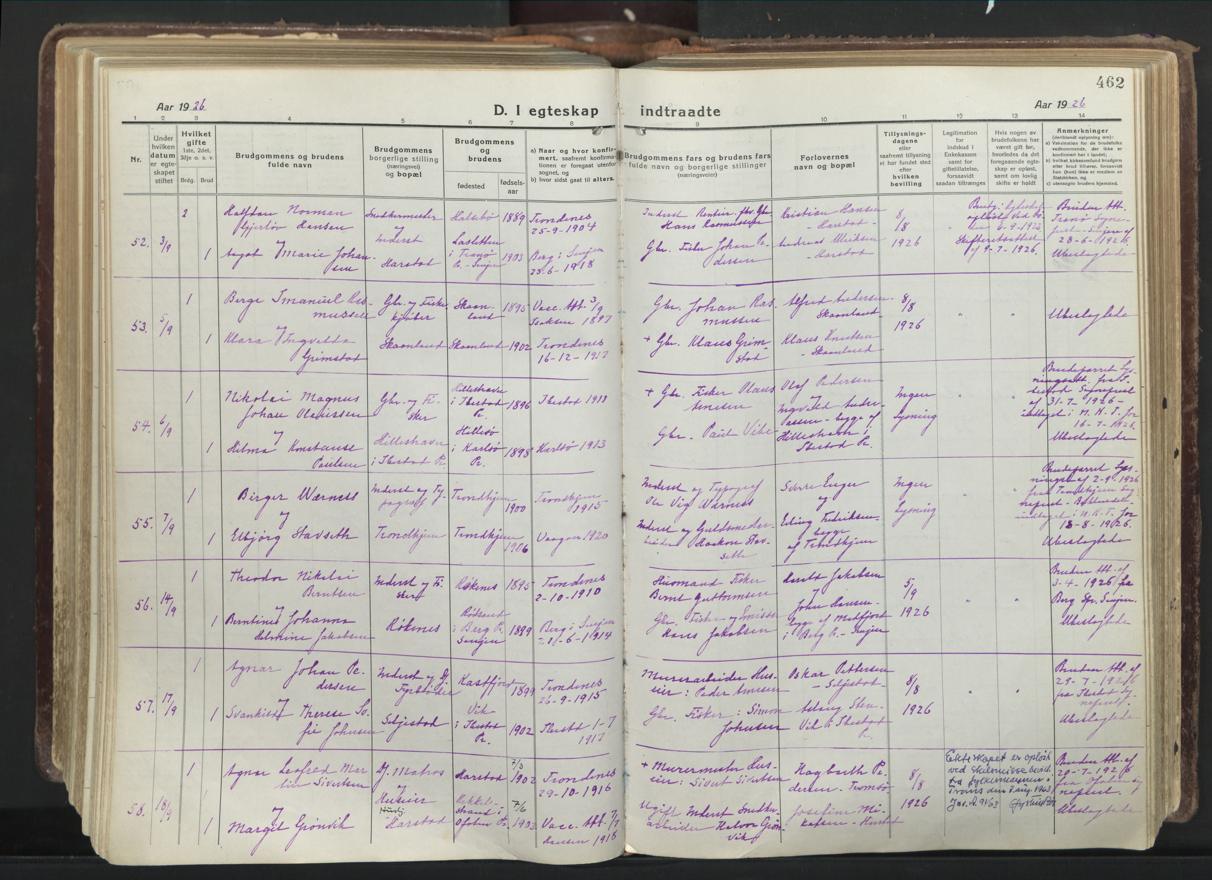 Trondenes sokneprestkontor, AV/SATØ-S-1319/H/Ha/L0019kirke: Parish register (official) no. 19, 1919-1928, p. 462