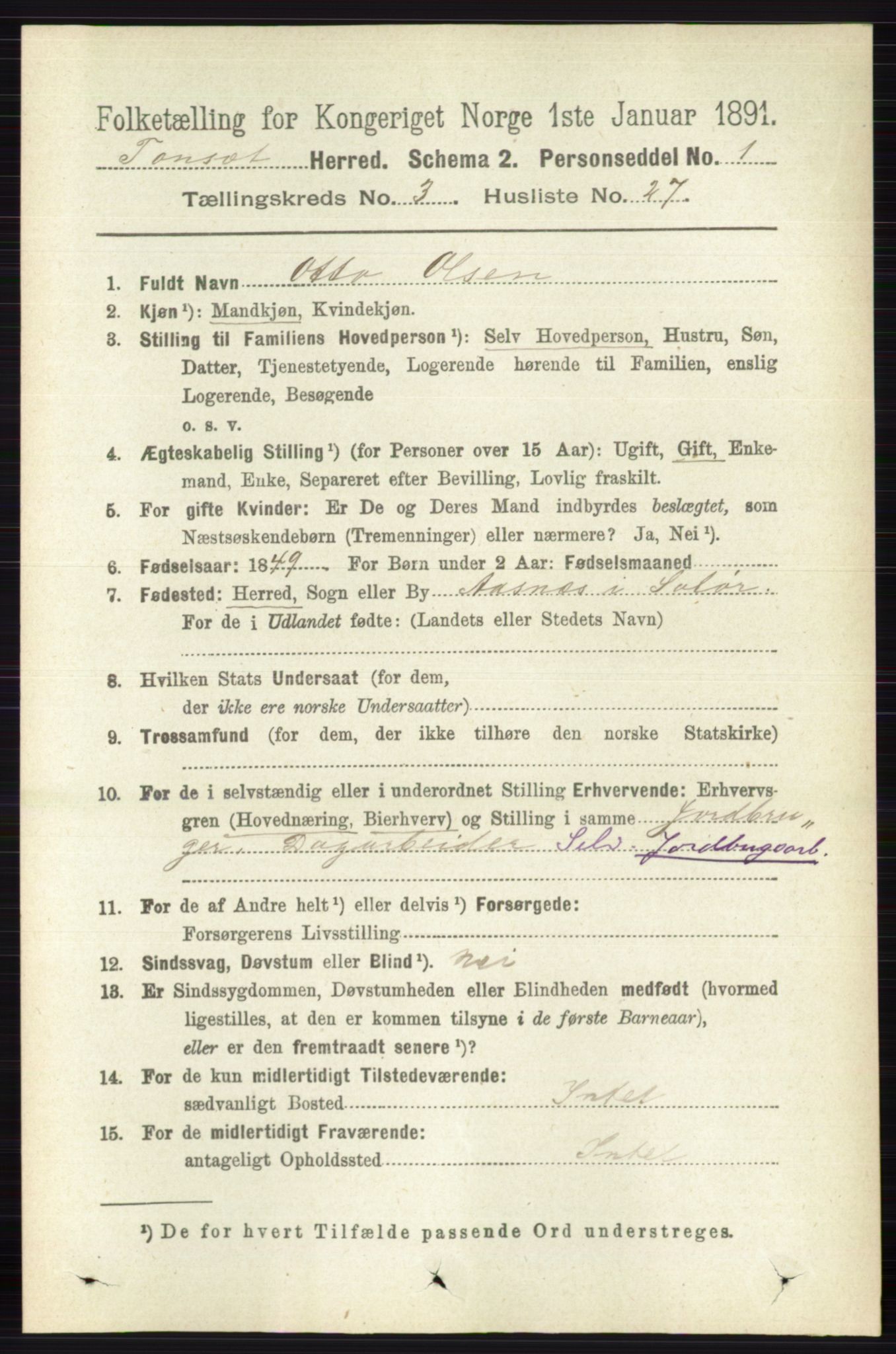 RA, 1891 census for 0437 Tynset, 1891, p. 692