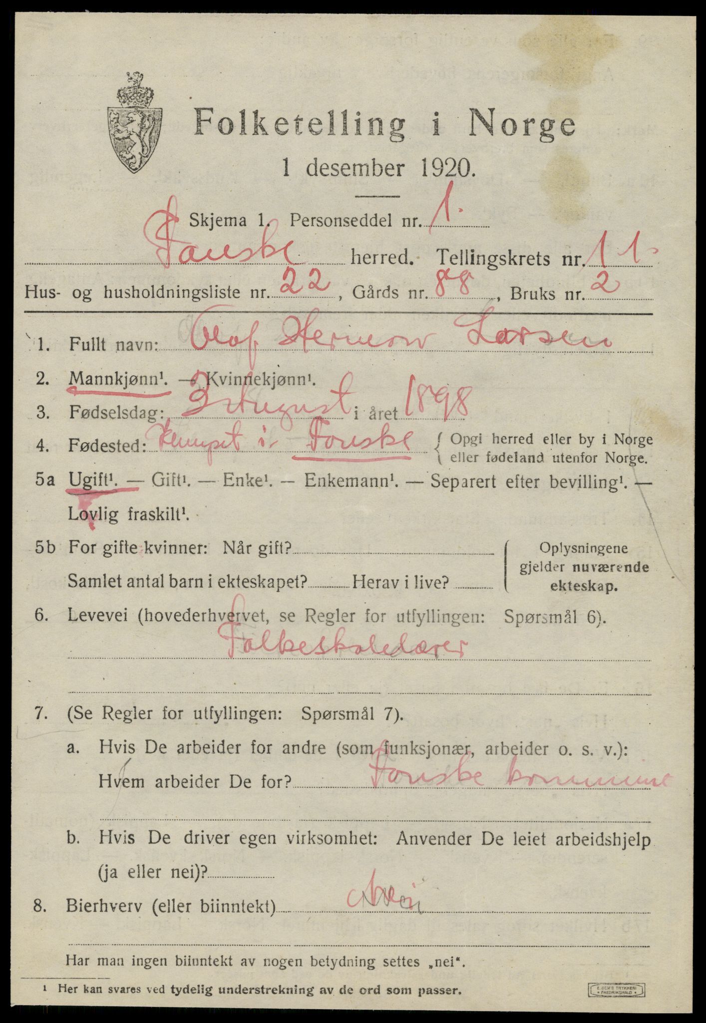 SAT, 1920 census for Fauske, 1920, p. 8170