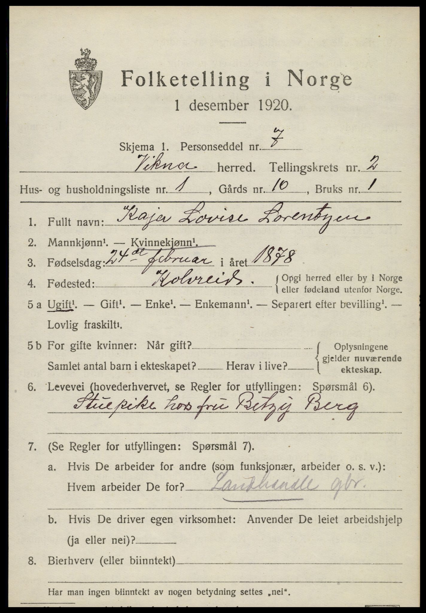 SAT, 1920 census for Vikna, 1920, p. 1567