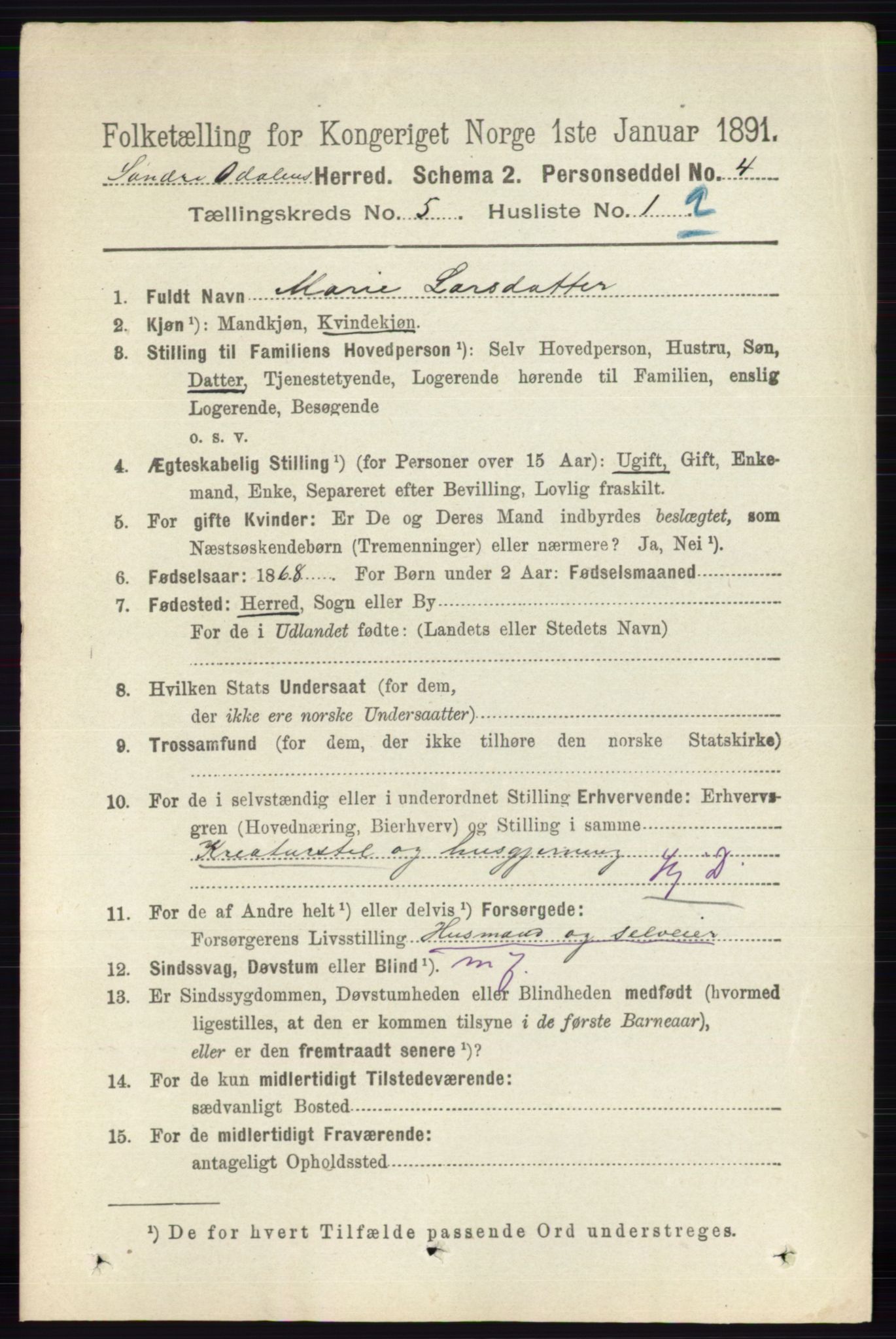 RA, 1891 census for 0419 Sør-Odal, 1891, p. 2333