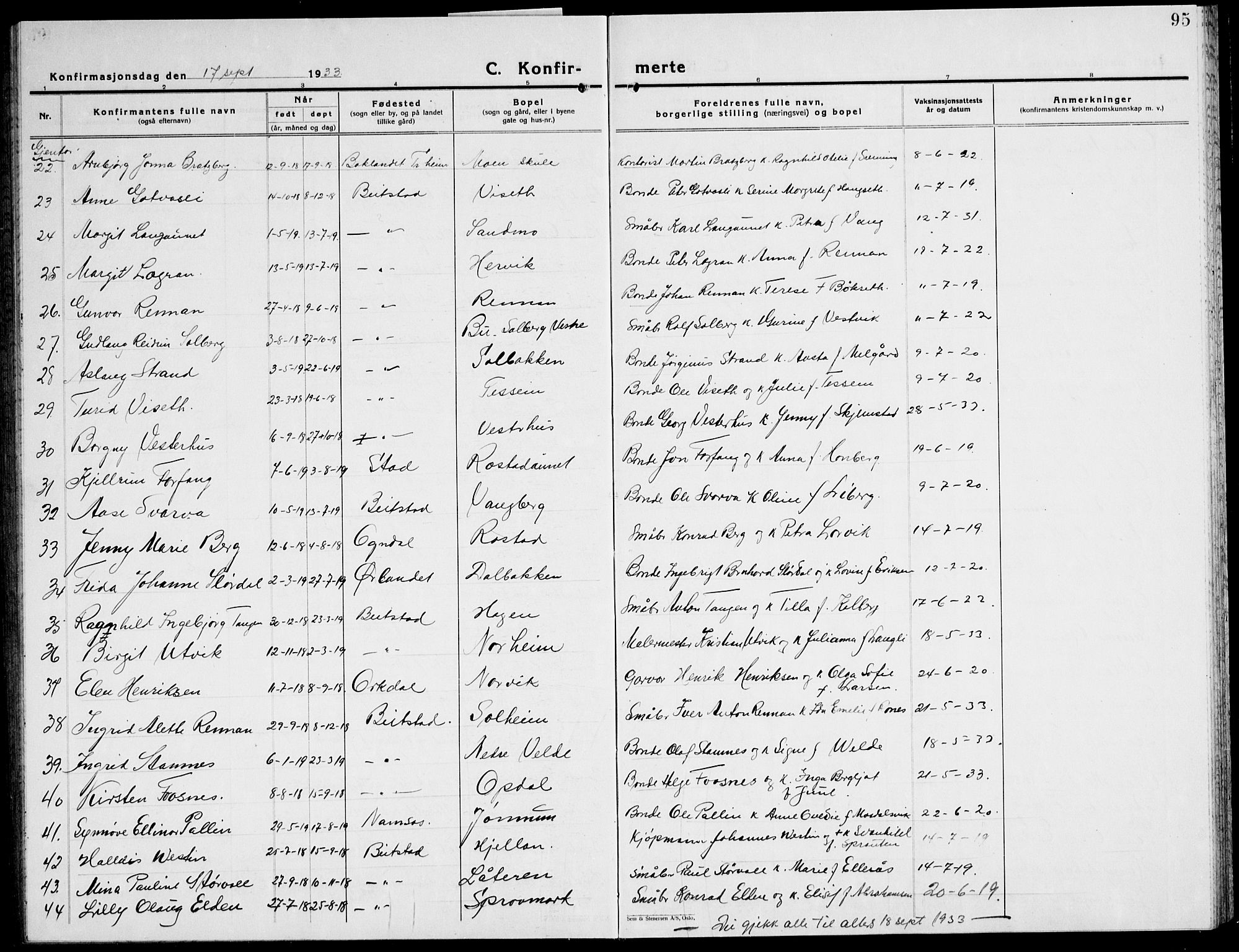 Ministerialprotokoller, klokkerbøker og fødselsregistre - Nord-Trøndelag, SAT/A-1458/741/L0403: Parish register (copy) no. 741C04, 1925-1944, p. 95