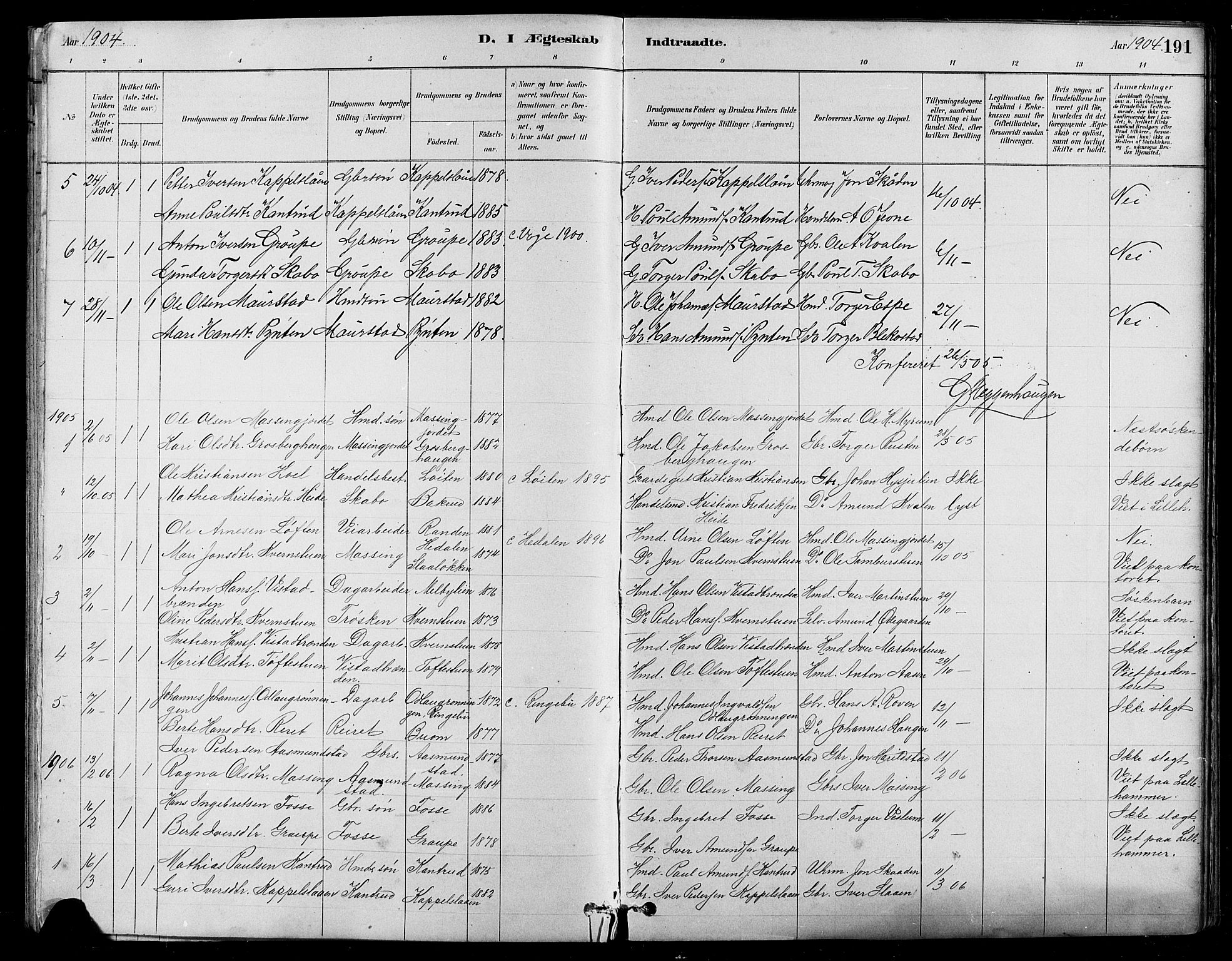 Nord-Fron prestekontor, SAH/PREST-080/H/Ha/Hab/L0005: Parish register (copy) no. 5, 1884-1914, p. 191