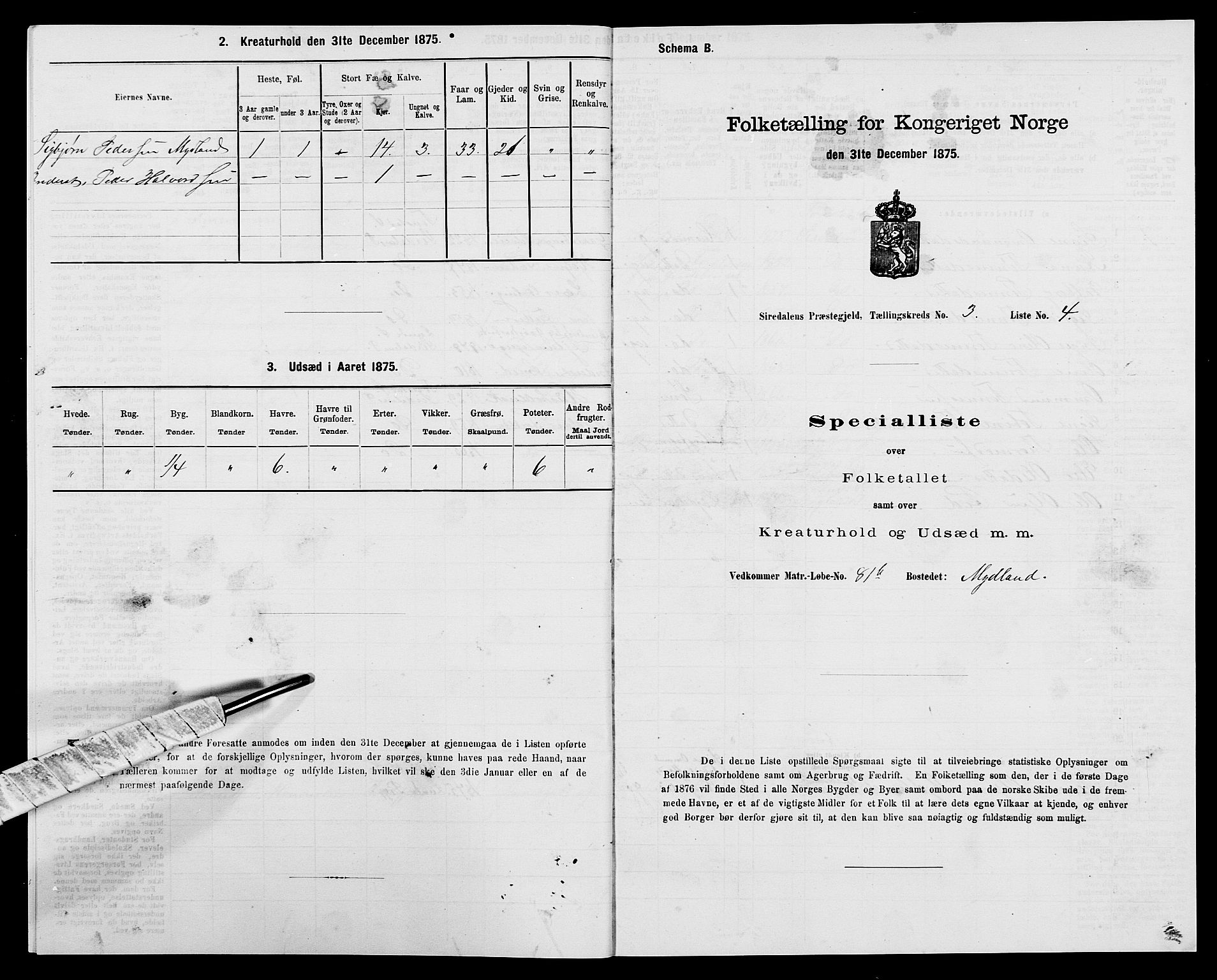 SAK, 1875 census for 1046P Sirdal, 1875, p. 282