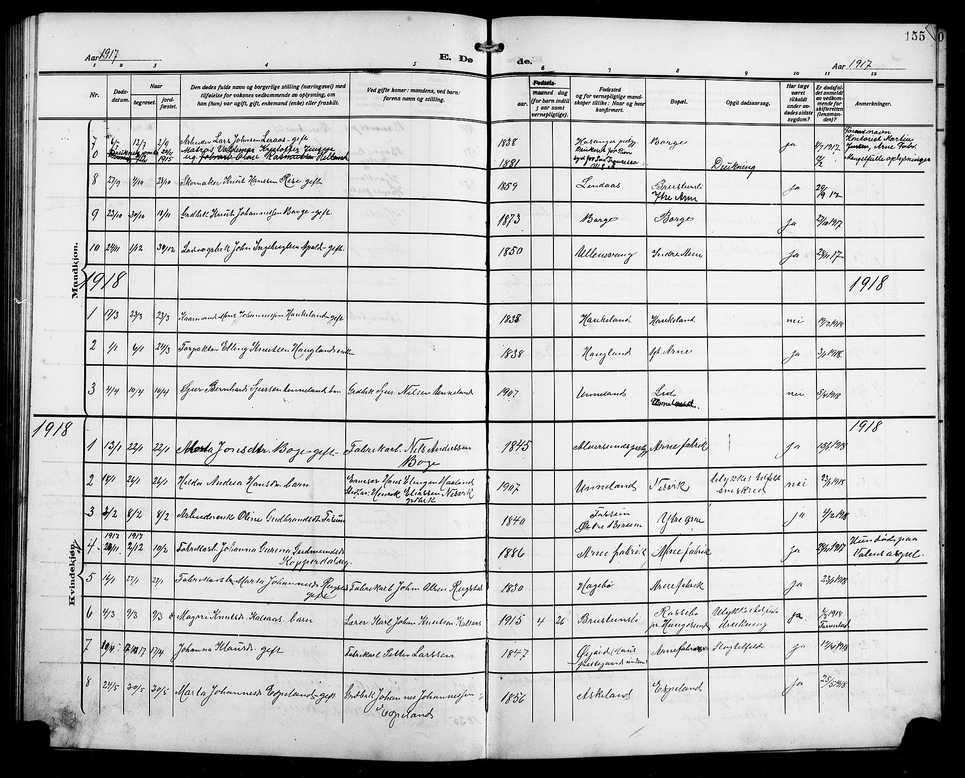 Arna Sokneprestembete, AV/SAB-A-74001/H/Ha/Hab: Parish register (copy) no. A 5, 1911-1921, p. 155