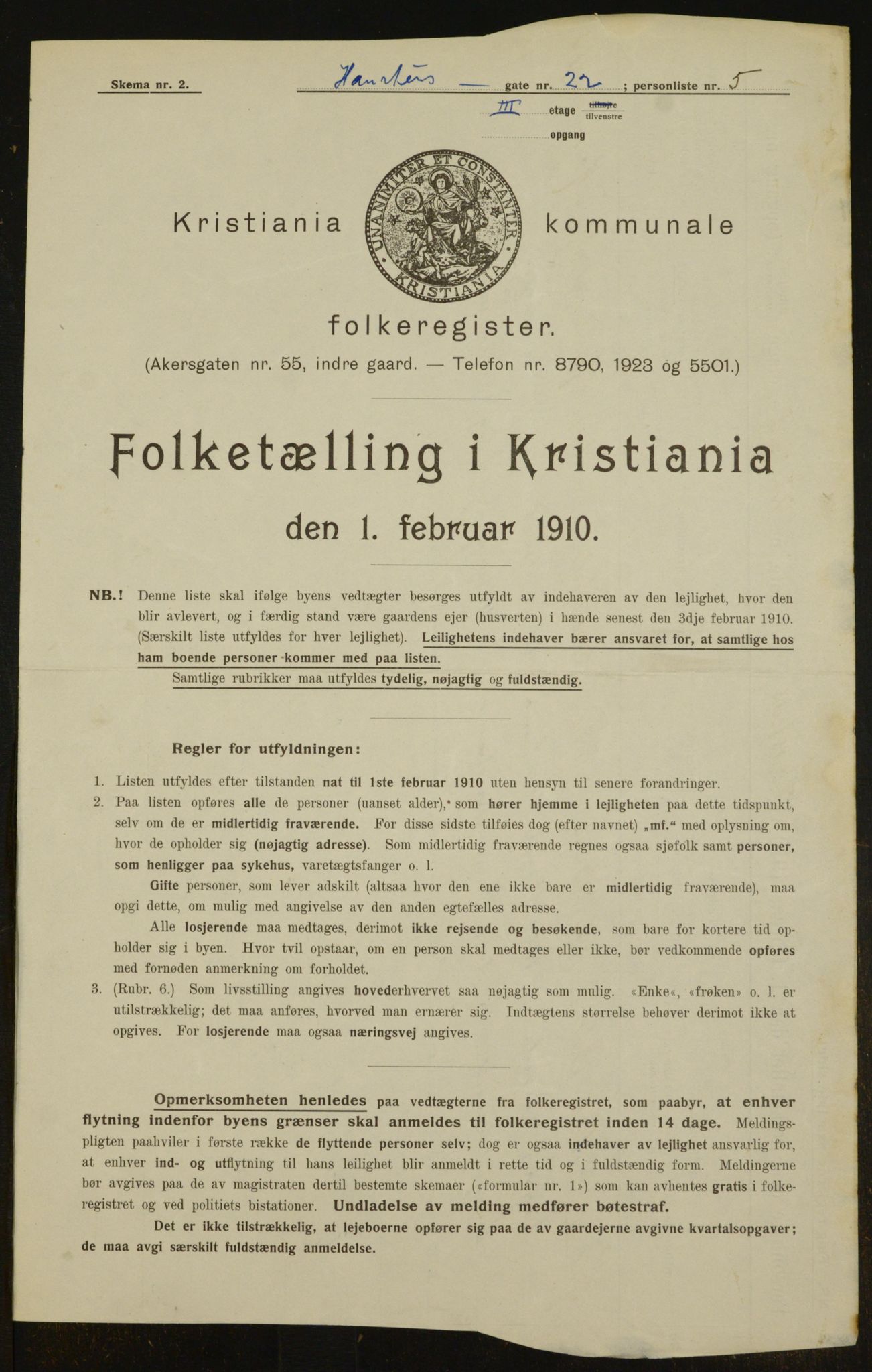 OBA, Municipal Census 1910 for Kristiania, 1910, p. 32852