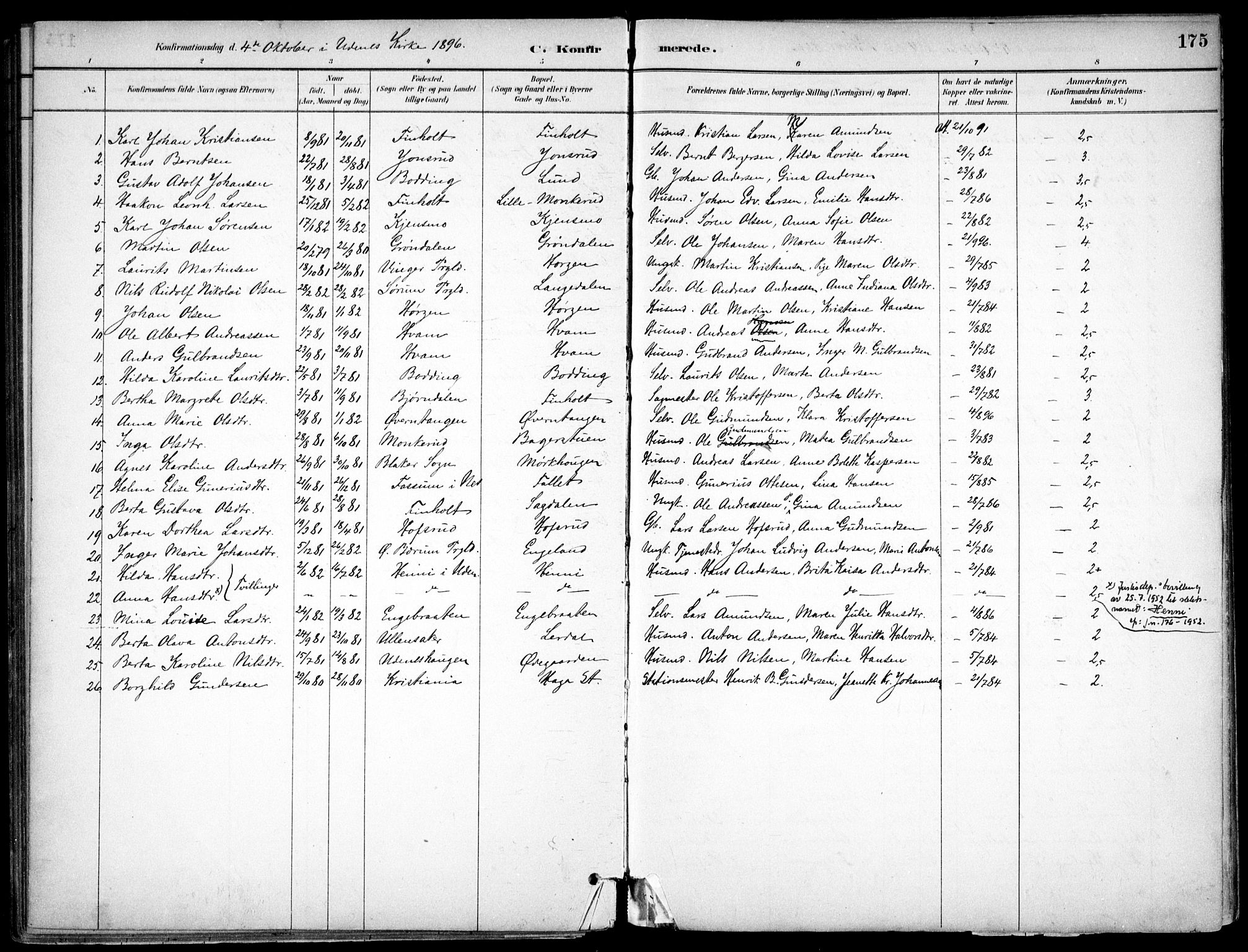 Nes prestekontor Kirkebøker, SAO/A-10410/F/Fc/L0002: Parish register (official) no. IIi 2, 1882-1916, p. 175