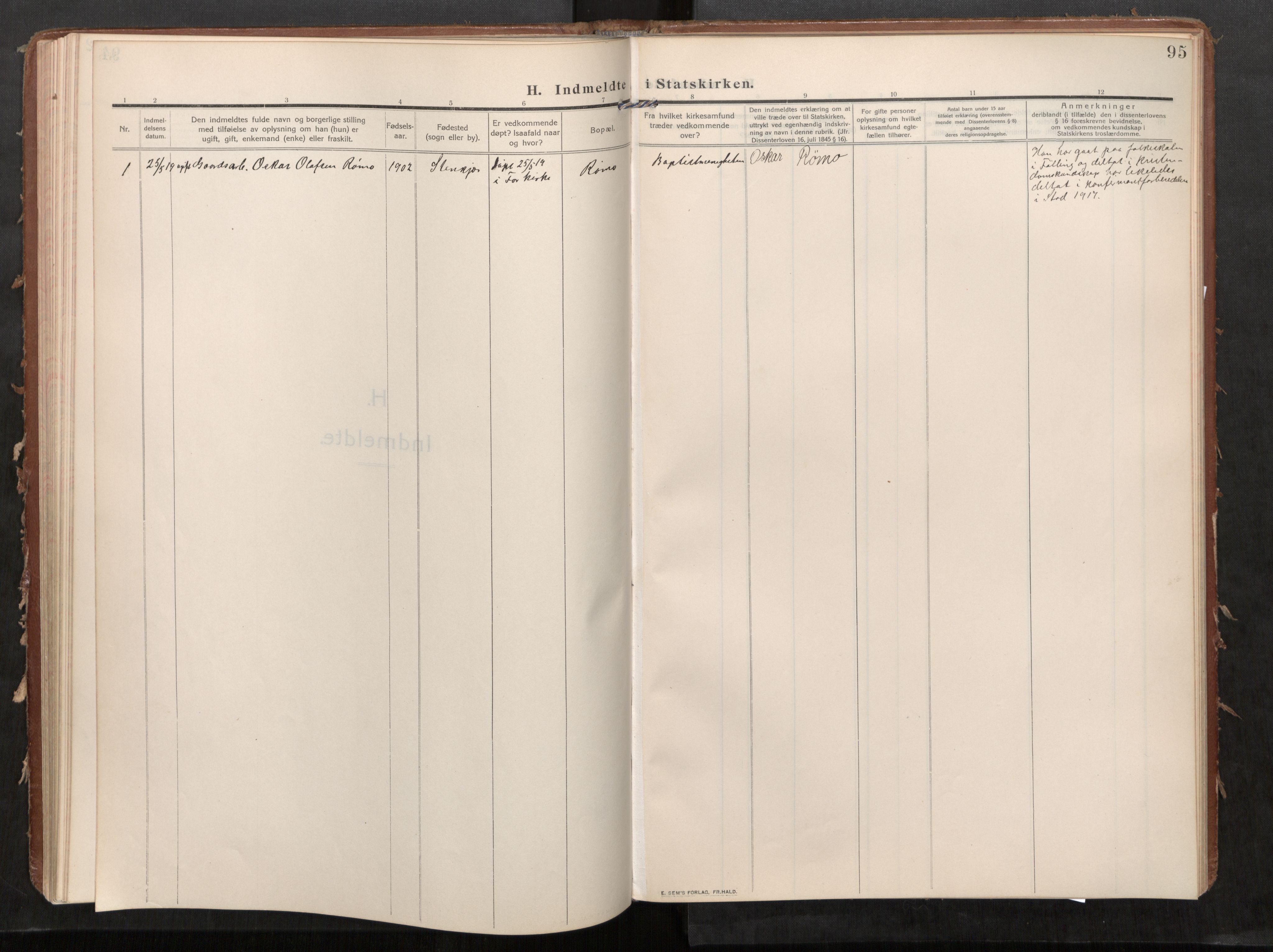 Stod sokneprestkontor, SAT/A-1164/1/I/I1/I1a/L0002: Parish register (official) no. 2, 1909-1922, p. 95