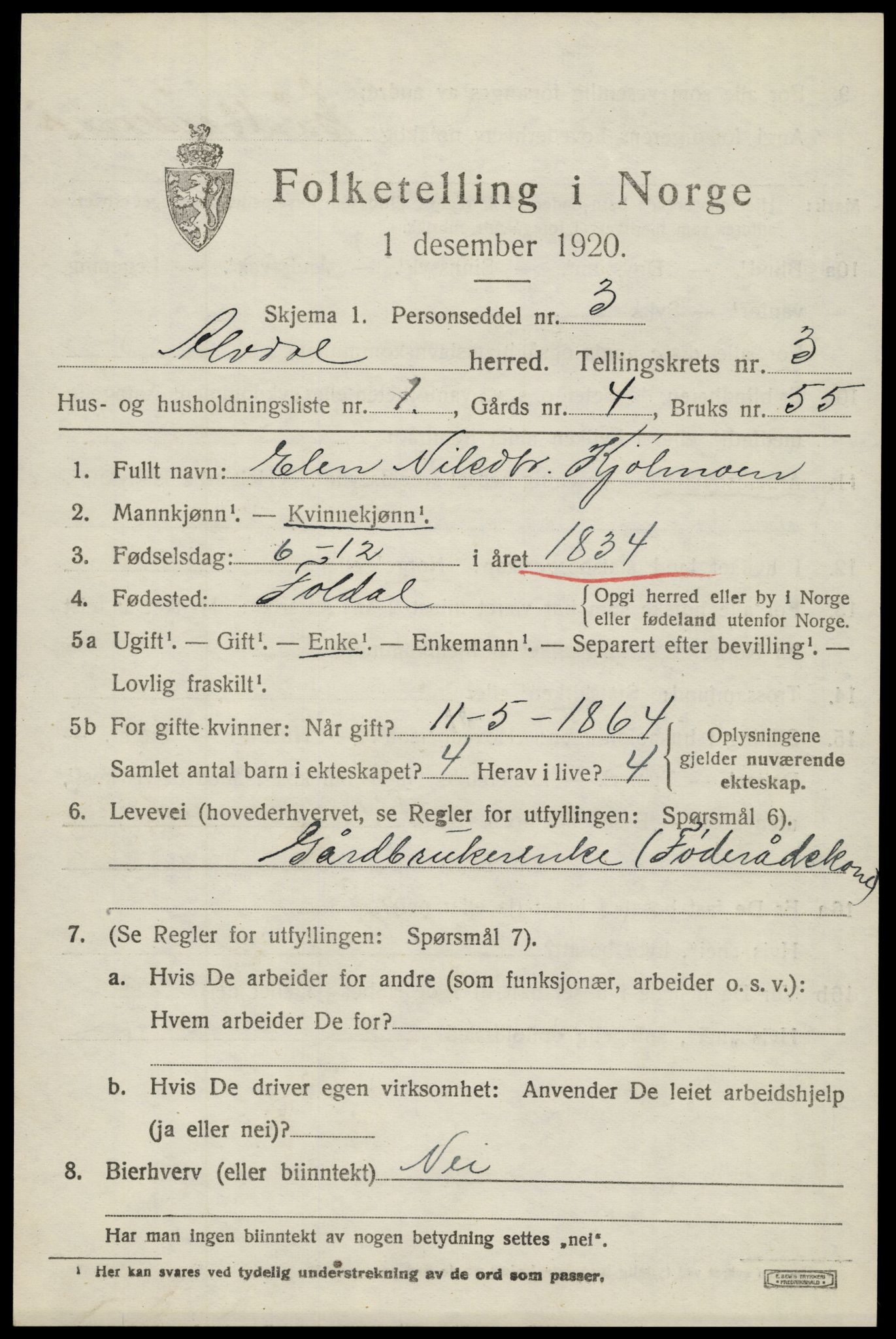 SAH, 1920 census for Alvdal, 1920, p. 1688