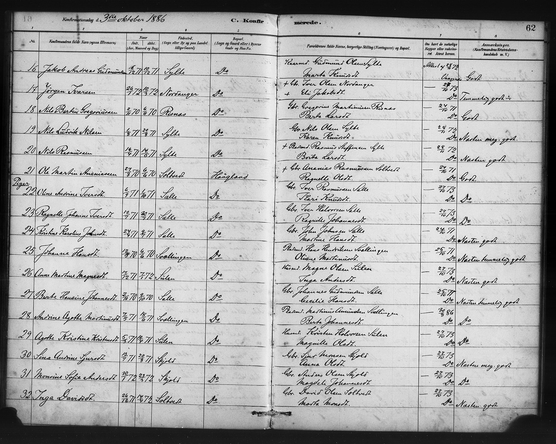 Manger sokneprestembete, AV/SAB-A-76801/H/Haa: Parish register (official) no. C 1, 1881-1890, p. 62