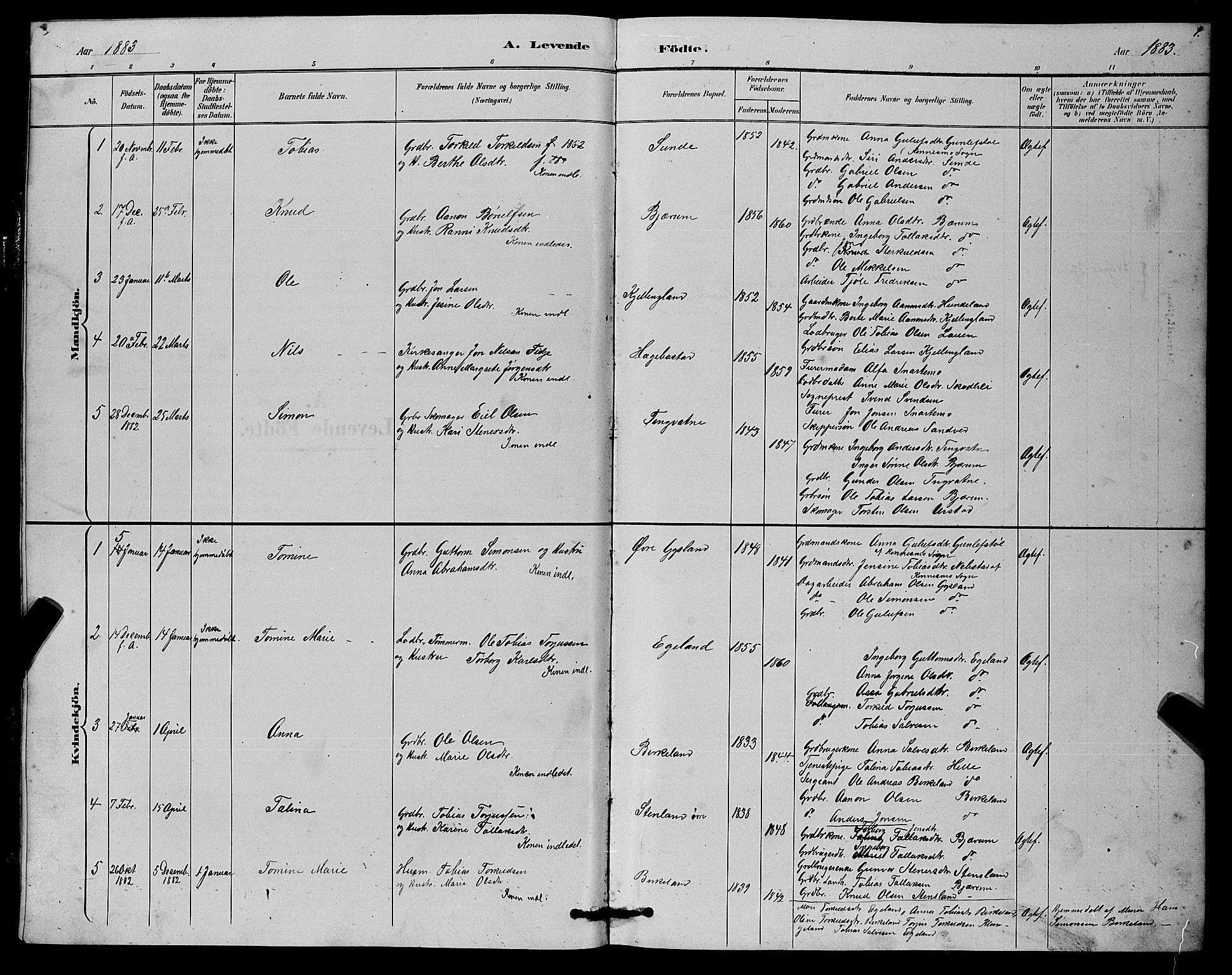 Hægebostad sokneprestkontor, AV/SAK-1111-0024/F/Fb/Fba/L0003: Parish register (copy) no. B 3, 1883-1896, p. 1