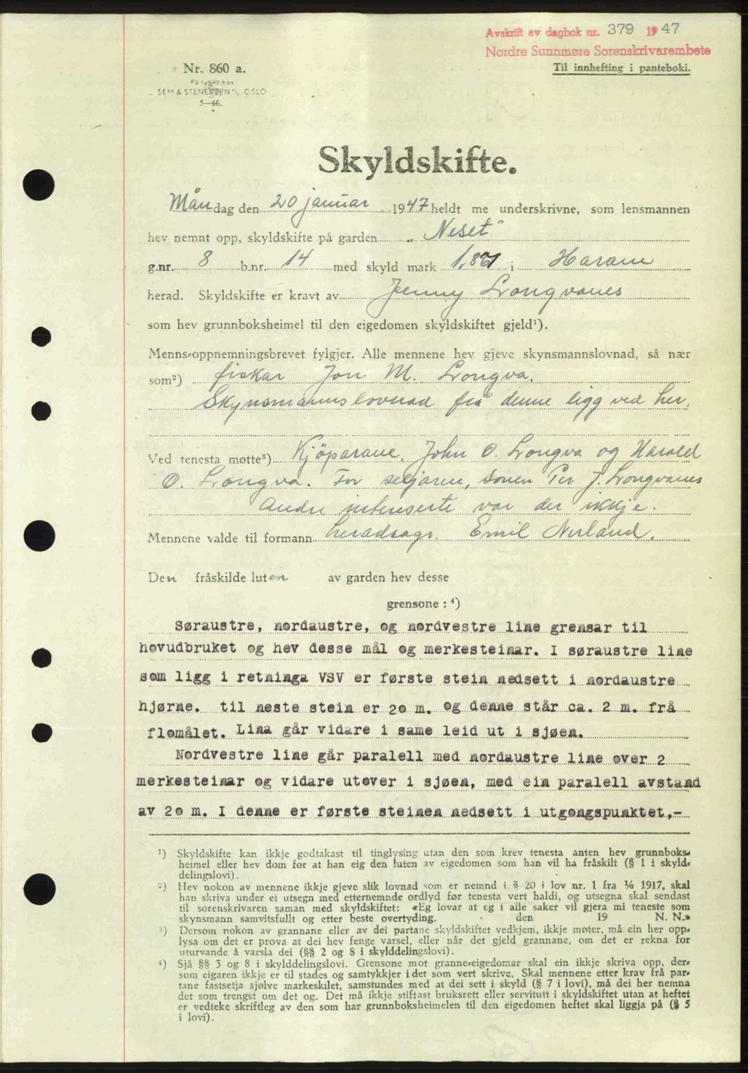 Nordre Sunnmøre sorenskriveri, AV/SAT-A-0006/1/2/2C/2Ca: Mortgage book no. A24, 1947-1947, Diary no: : 379/1947