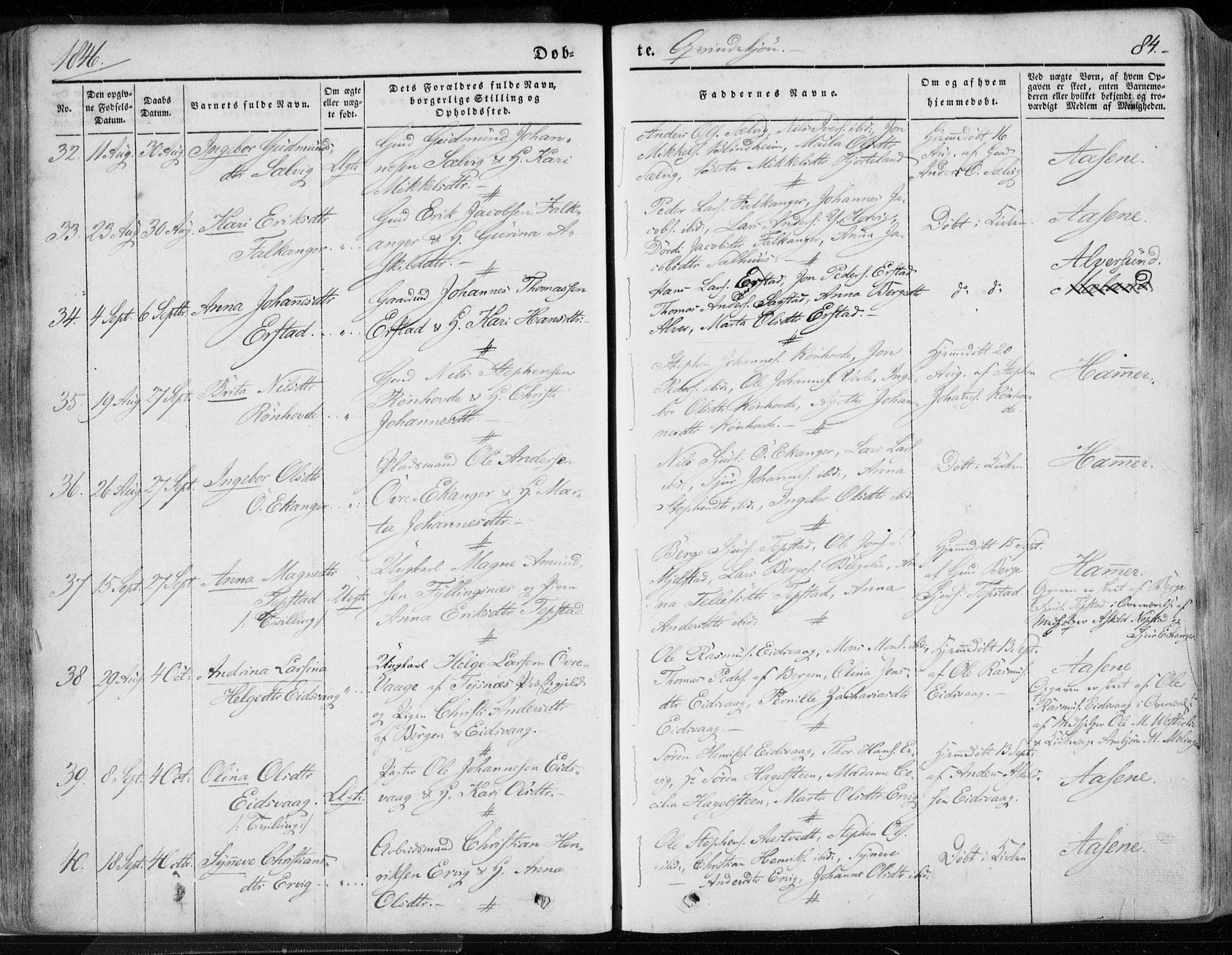 Hamre sokneprestembete, SAB/A-75501/H/Ha/Haa/Haaa/L0013: Parish register (official) no. A 13, 1846-1857, p. 84