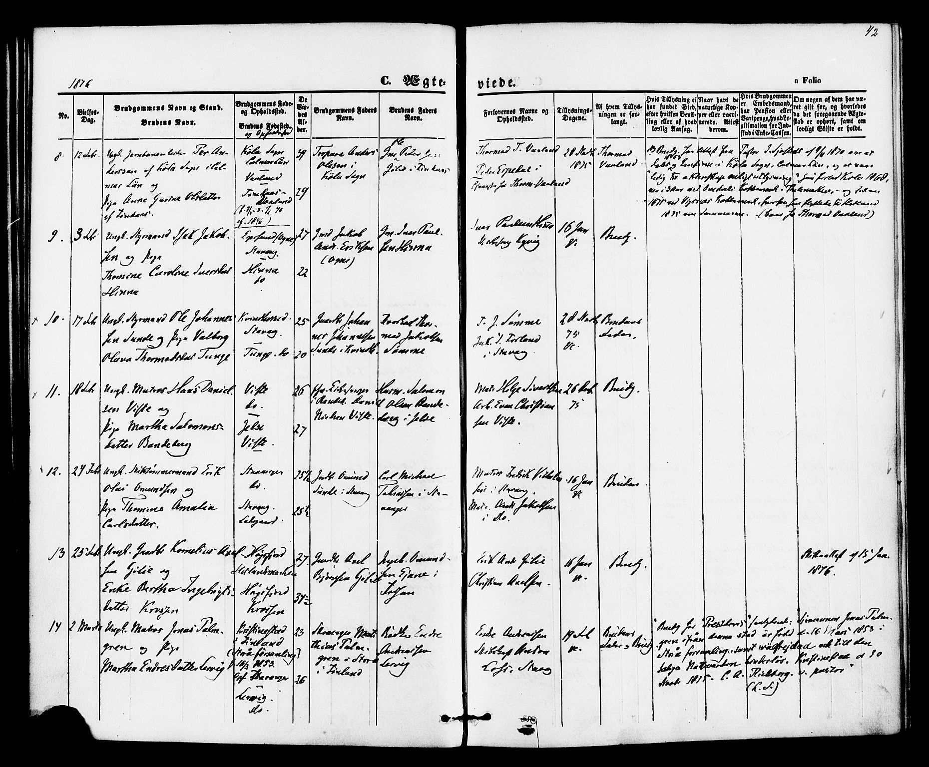 Hetland sokneprestkontor, SAST/A-101826/30/30BA/L0005: Parish register (official) no. A 5, 1869-1884, p. 42