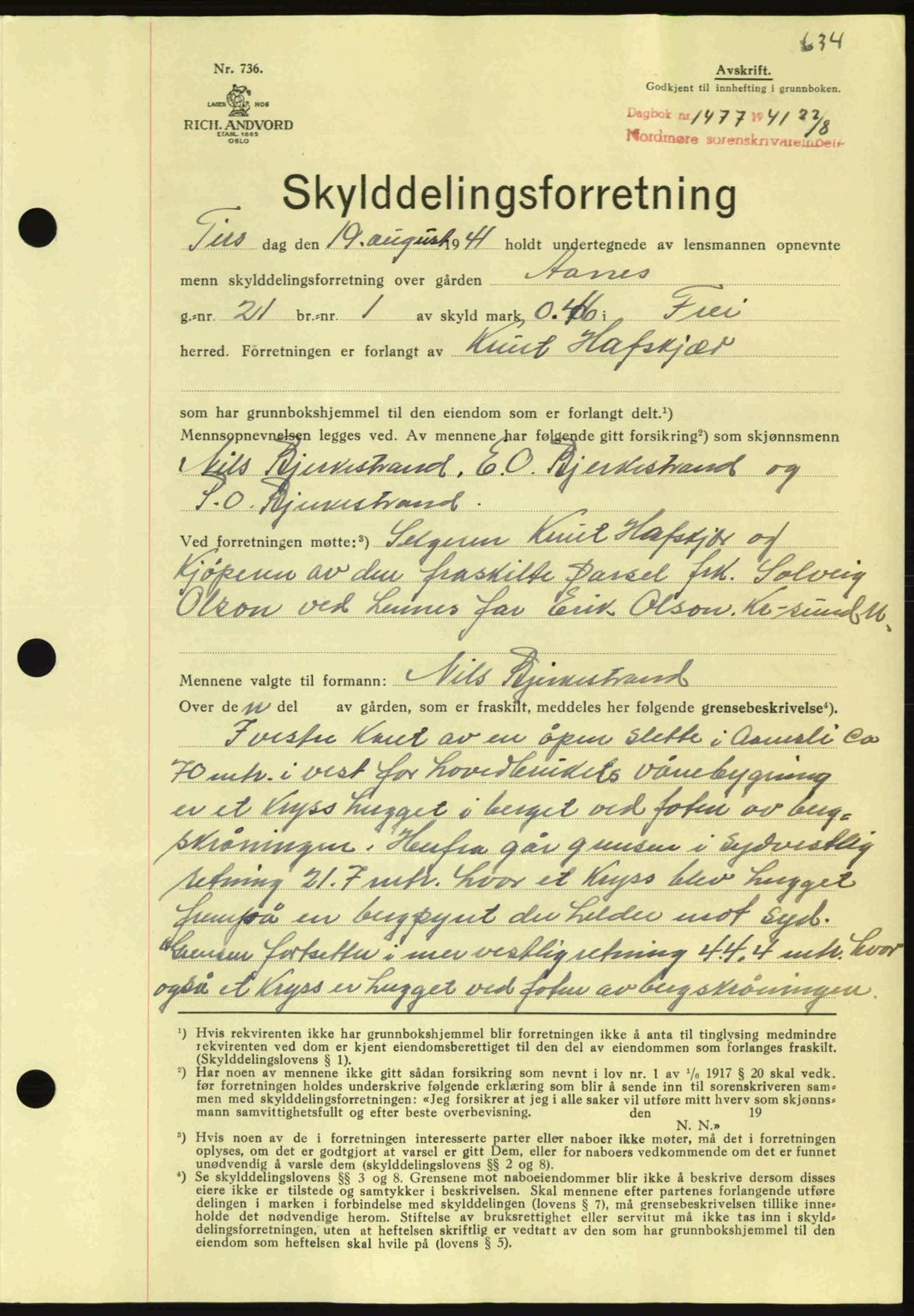 Nordmøre sorenskriveri, SAT/A-4132/1/2/2Ca: Mortgage book no. A90, 1941-1941, Diary no: : 1477/1941