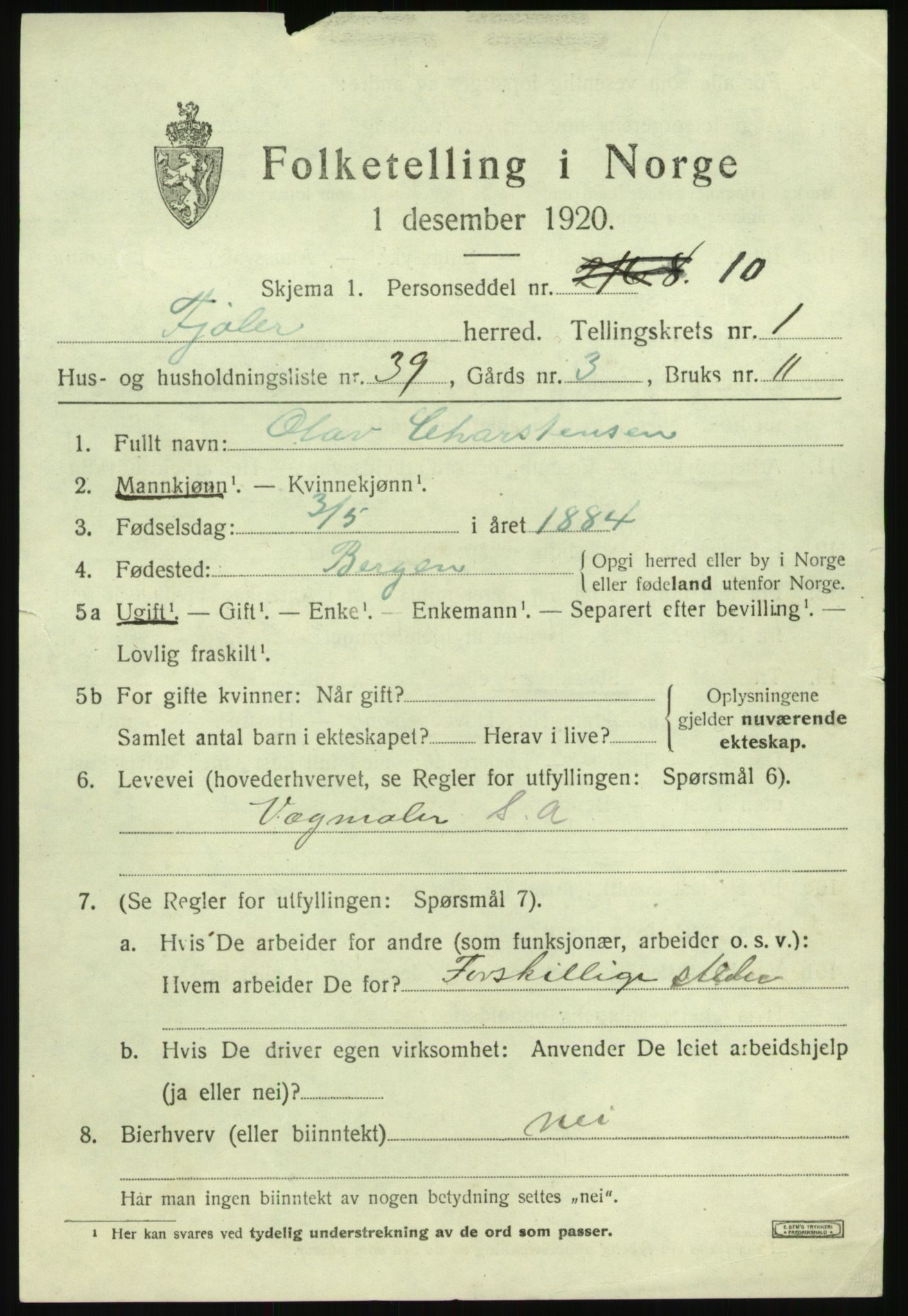 SAB, 1920 census for Fjaler, 1920, p. 1811