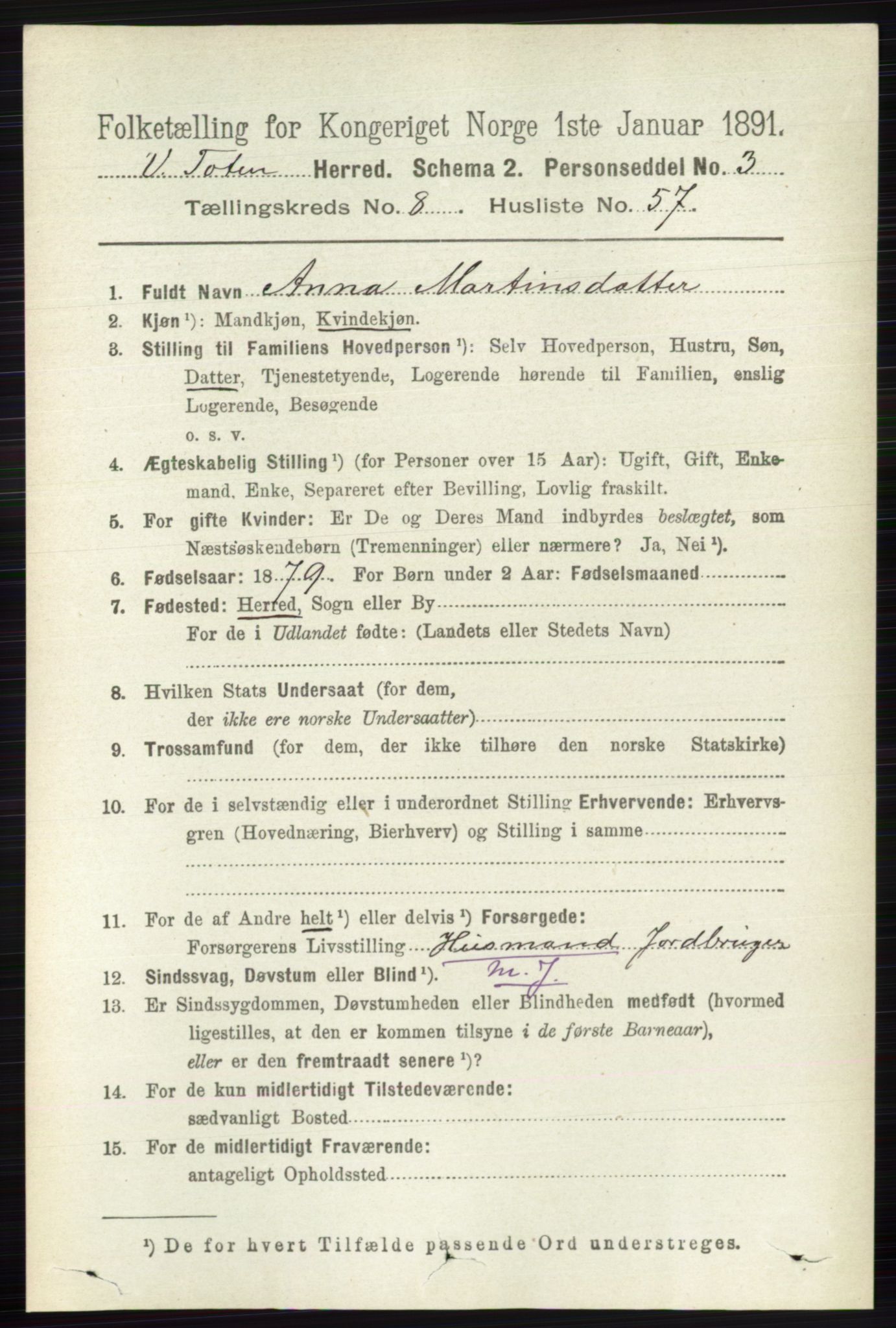 RA, 1891 census for 0529 Vestre Toten, 1891, p. 5336