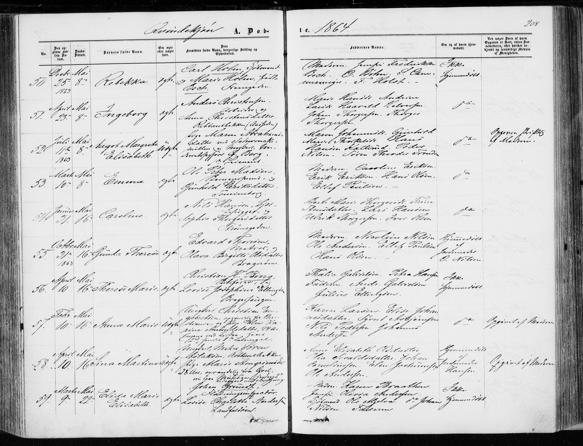 Bragernes kirkebøker, SAKO/A-6/F/Fb/L0003: Parish register (official) no. II 3, 1860-1868, p. 208
