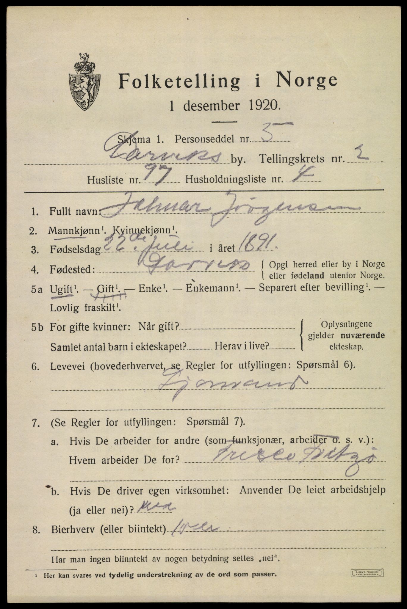SAKO, 1920 census for Larvik, 1920, p. 11698