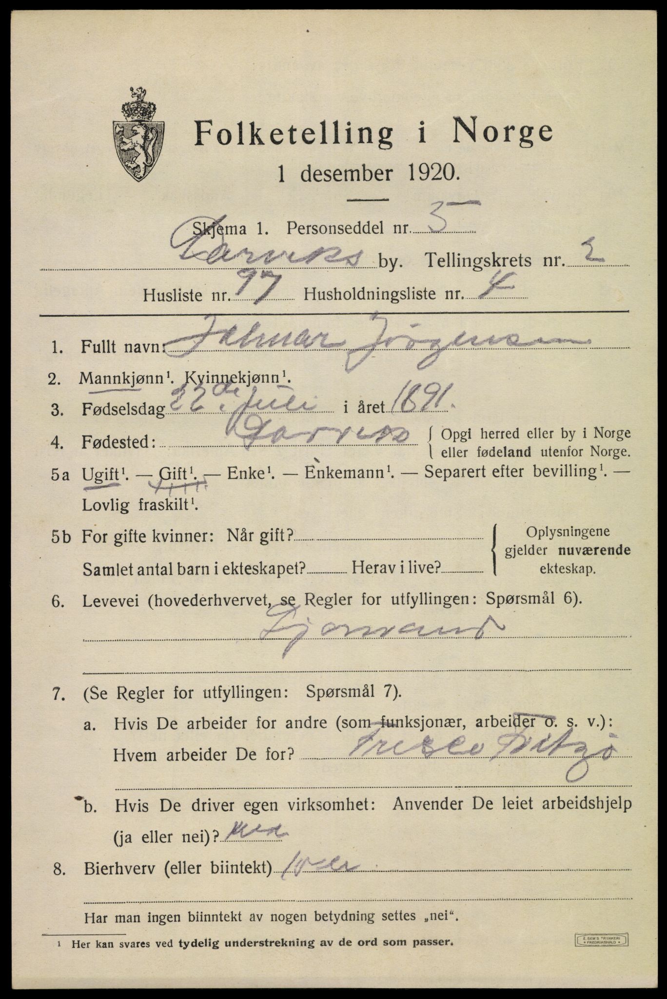 SAKO, 1920 census for Larvik, 1920, p. 11698